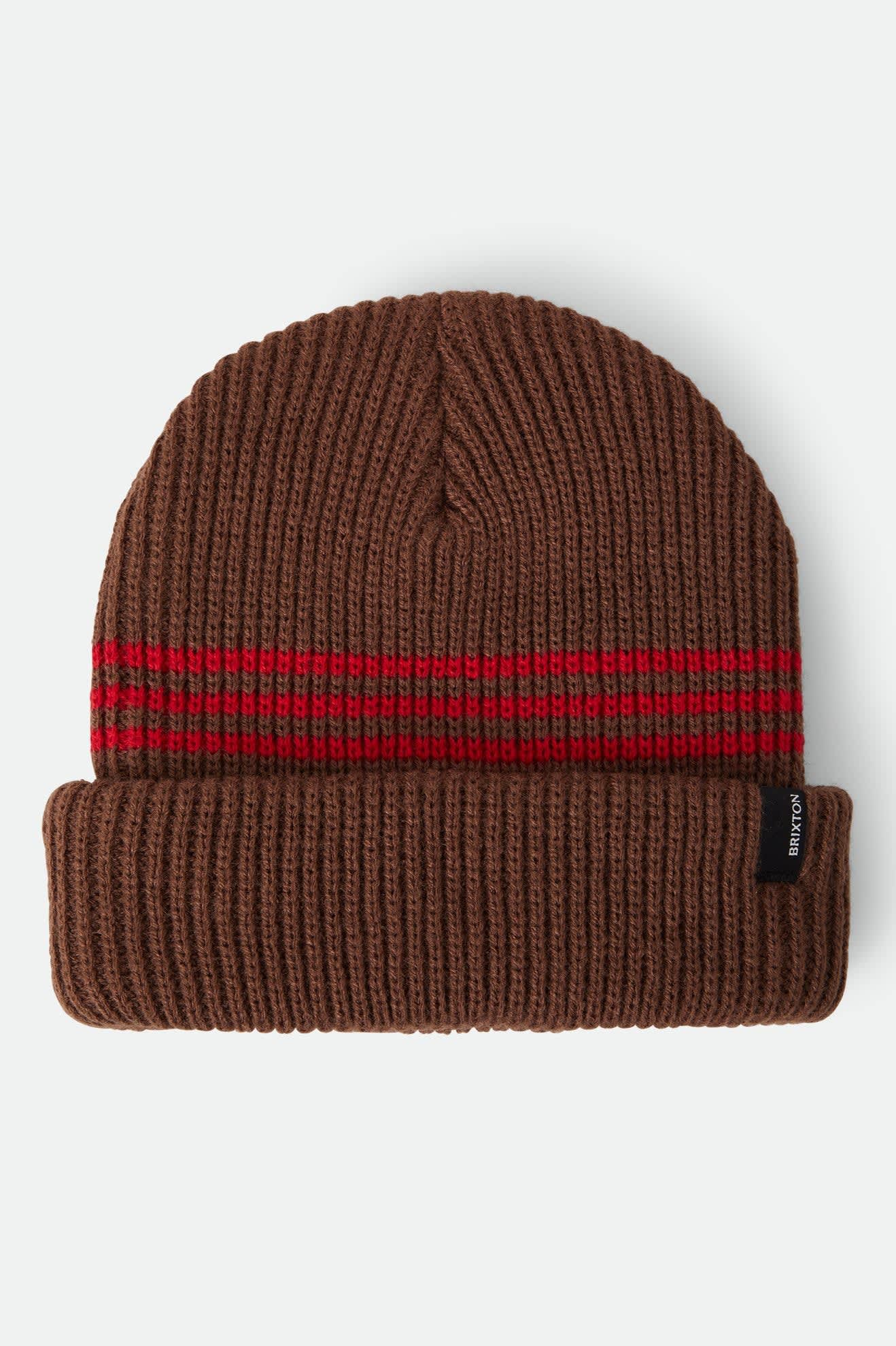 Unisex Chunky Heist Beanie in the color Pinecone Brown/Chili Pepper Stripe - Front Product View
