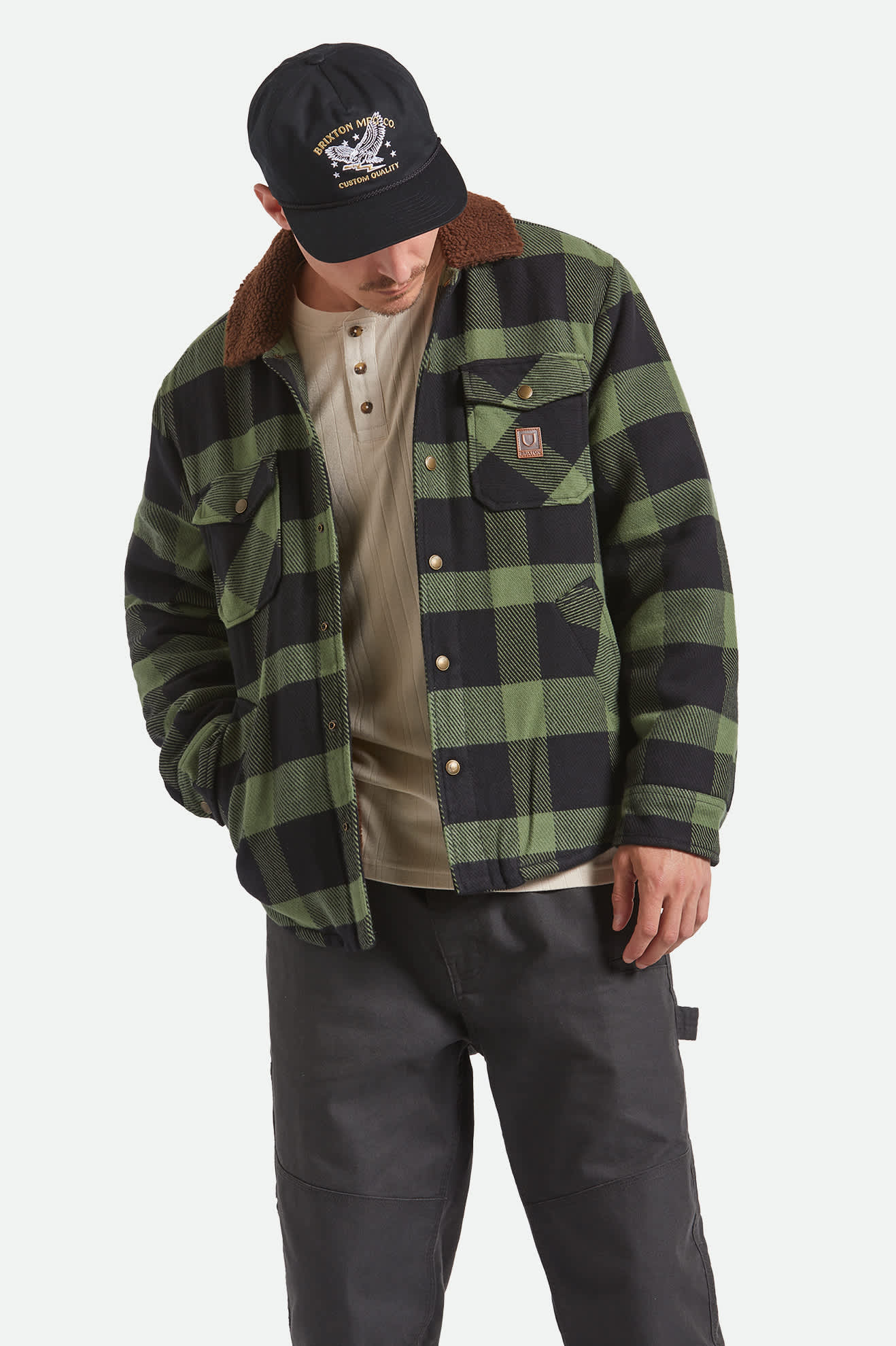Men's Durham Sherpa Lined Jacket in the color Black/Wild Green Flannel - Men's Front View
