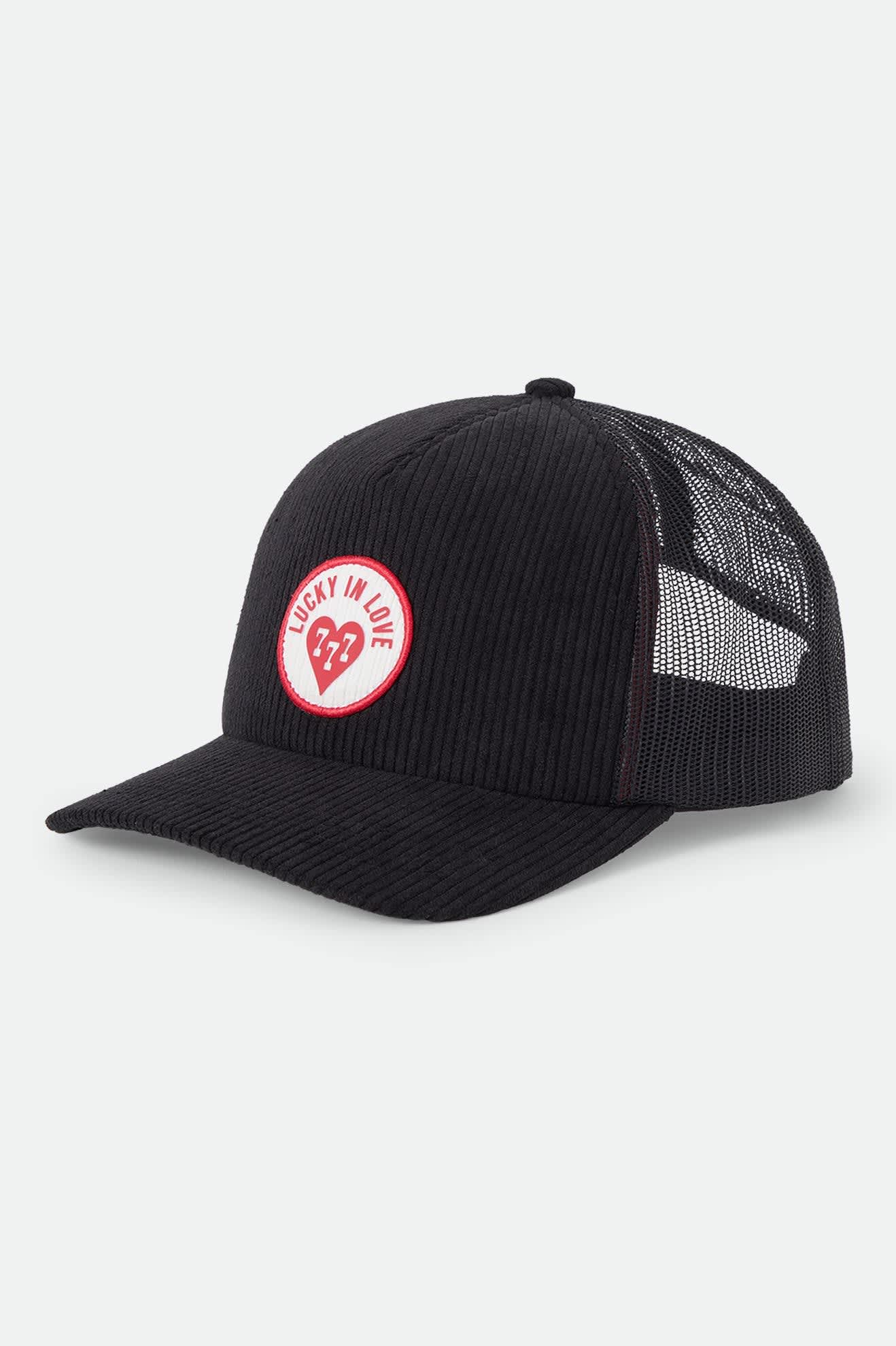 Unisex Lucky In Love Trucker Hat in the color Black - Front Product View