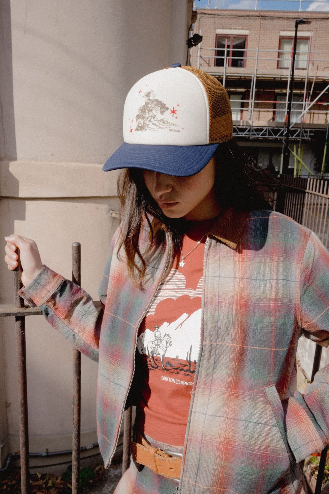 Unisex Mid Century Ranch Trucker Hat in the color Off White/Washed Navy/Caramel - Women's Lifestyle image
