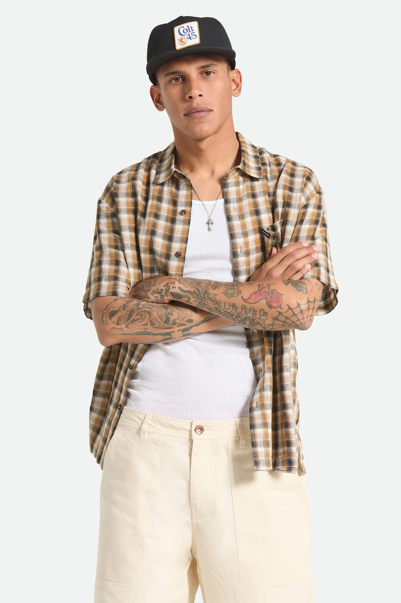 Men's Cru Linen Blend Plaid Short Sleeve Shirt in the color Black/Tobacco Plaid - Men's Front View