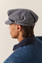 Unisex Fiddler Fisherman Cap in the color Indigo/Dark Sand - Men's Back View