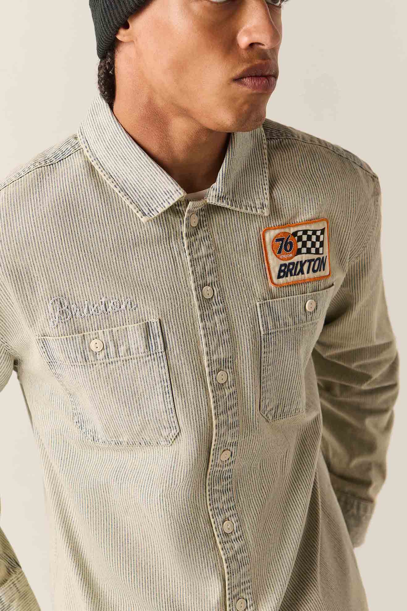 Men's 76 Mechanics Shirt in the color Navy/Off White Hickory Stripe - Additional Fit image