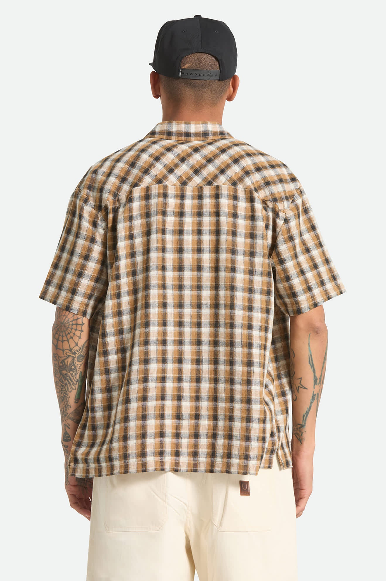Men's Cru Linen Blend Plaid Short Sleeve Shirt in the color Black/Tobacco Plaid - Men's Back View