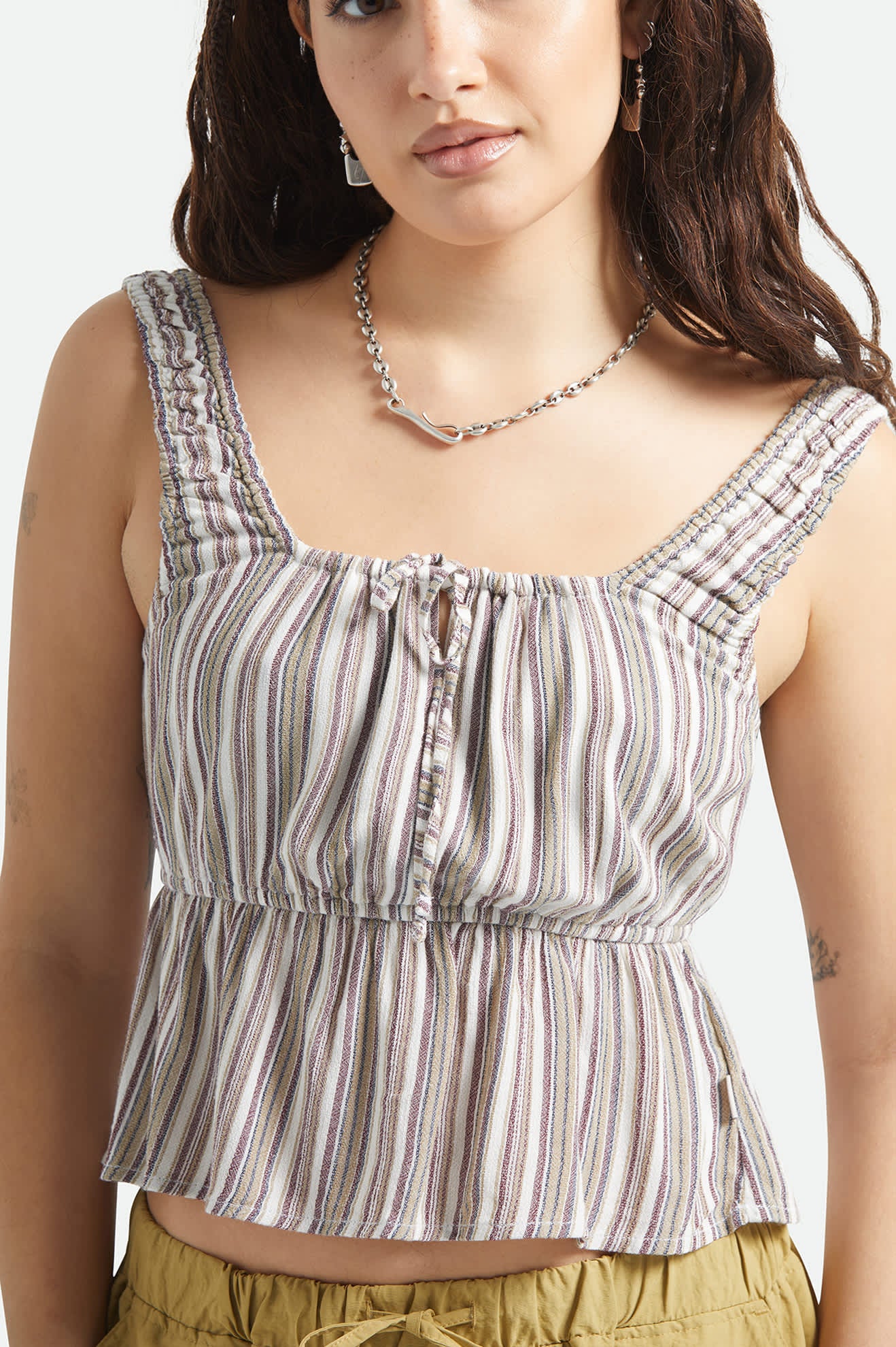 Women's The Abigail Tie Top in the color Worn In Robust Red Stripe - Additional Fit image