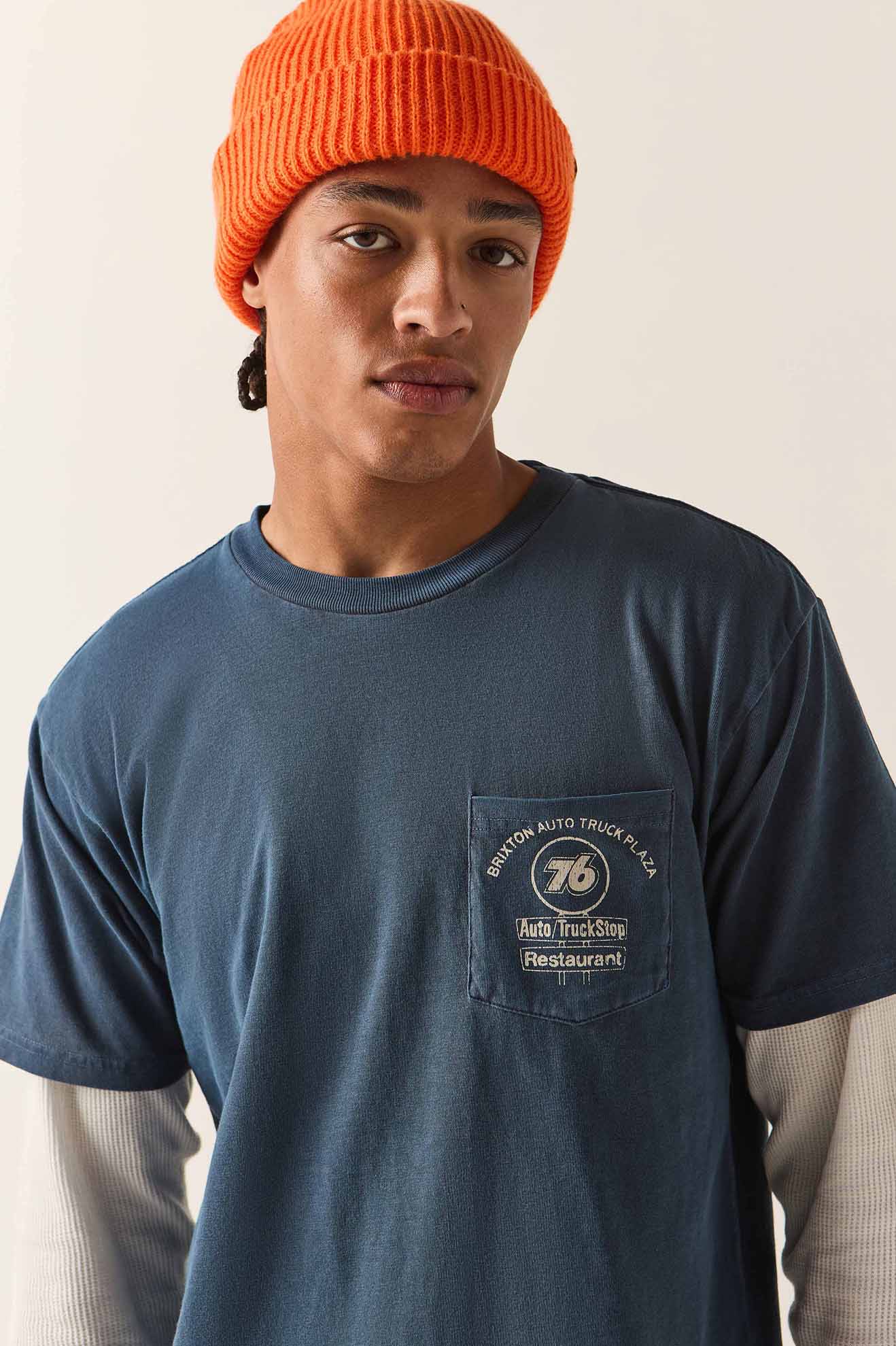 Men's 76 Truck Stop Pocket T-Shirt in the color Washed Navy - Additional Fit image
