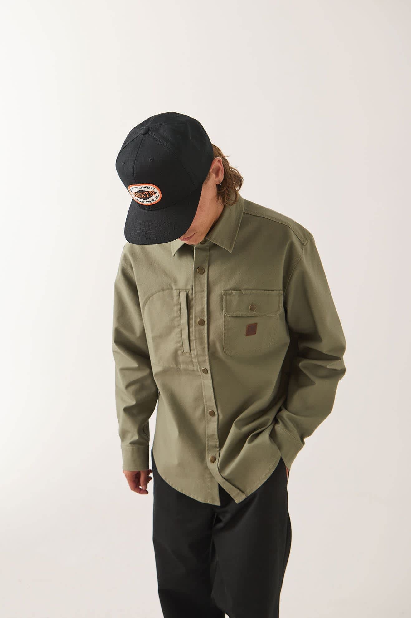 Men's Builders Stretch Overshirt in the color Olive Surplus - Additional Fit image