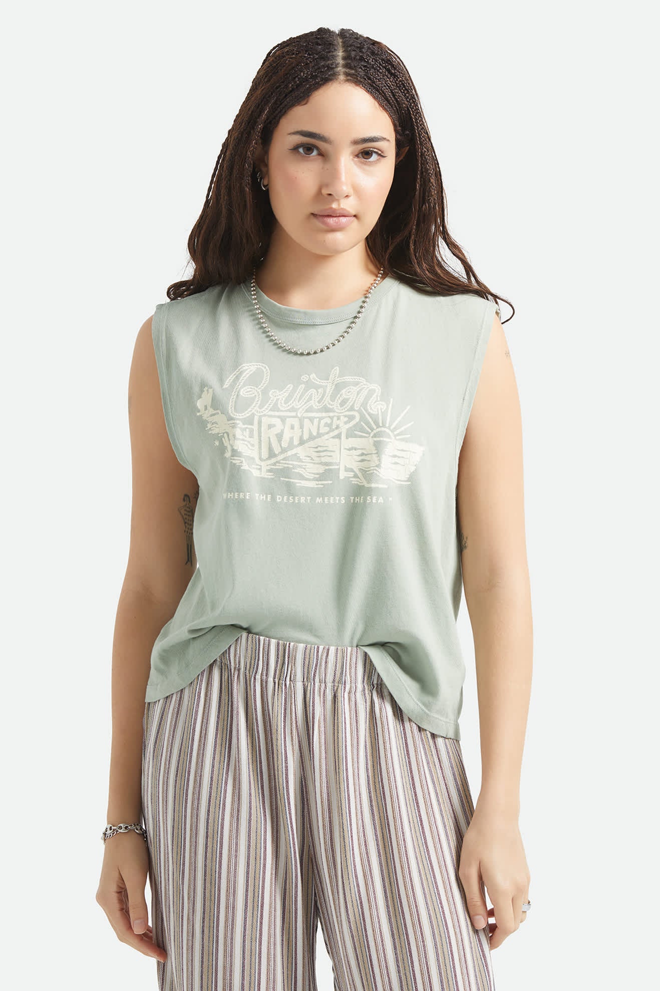 Women's Brixton Ranch Muscle Tank in the color Sage Green - Women's Front View