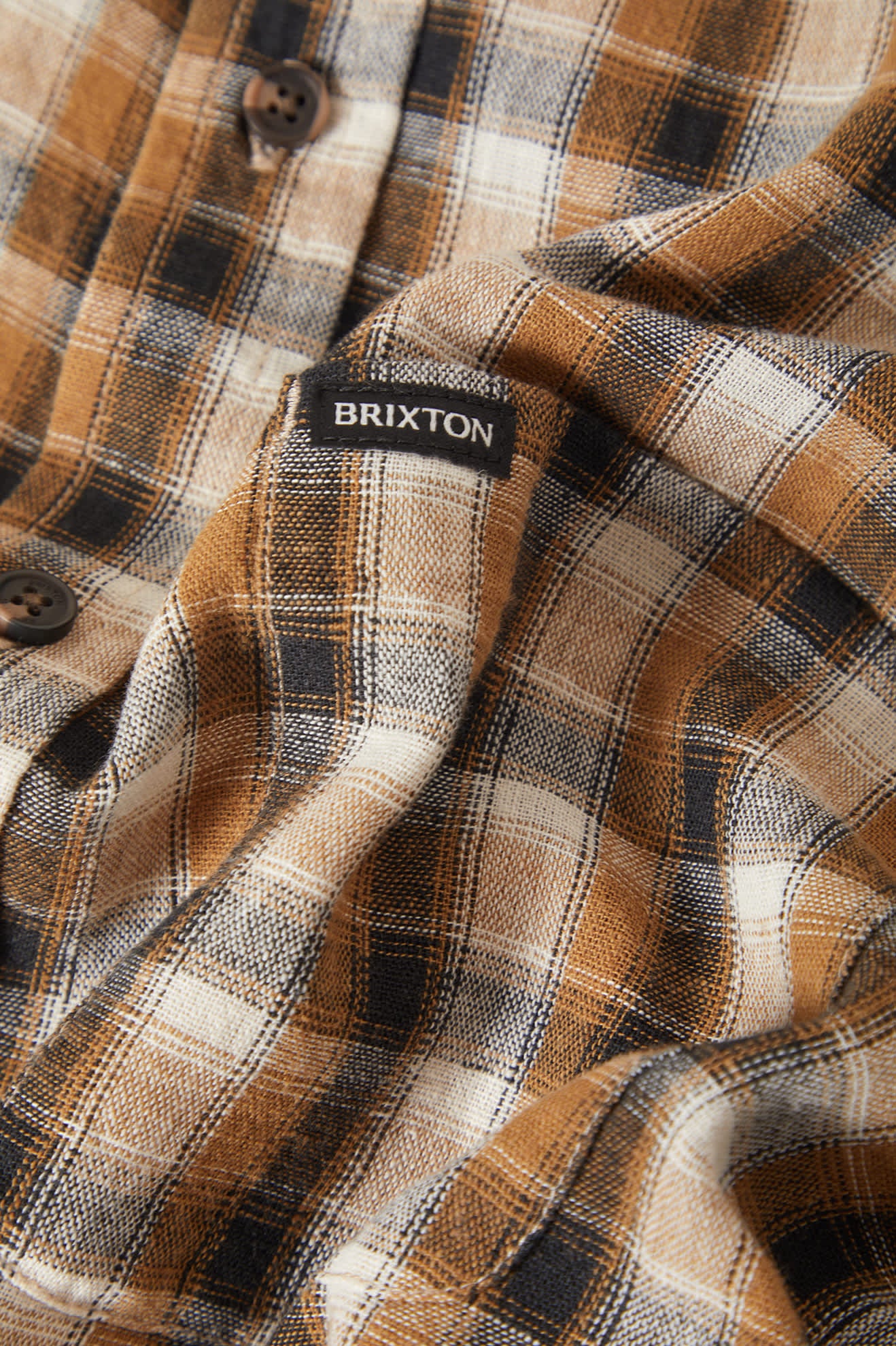 Men's Cru Linen Blend Plaid Short Sleeve Shirt in the color Black/Tobacco Plaid - Additional Laydown image