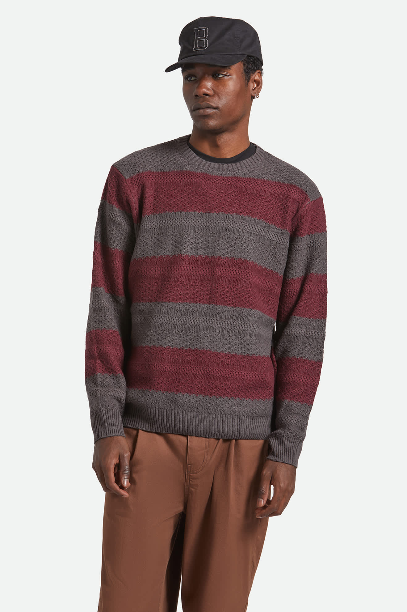 Men's Midnight Crew Sweater in the color Black/Port Stripe - Men's Front View