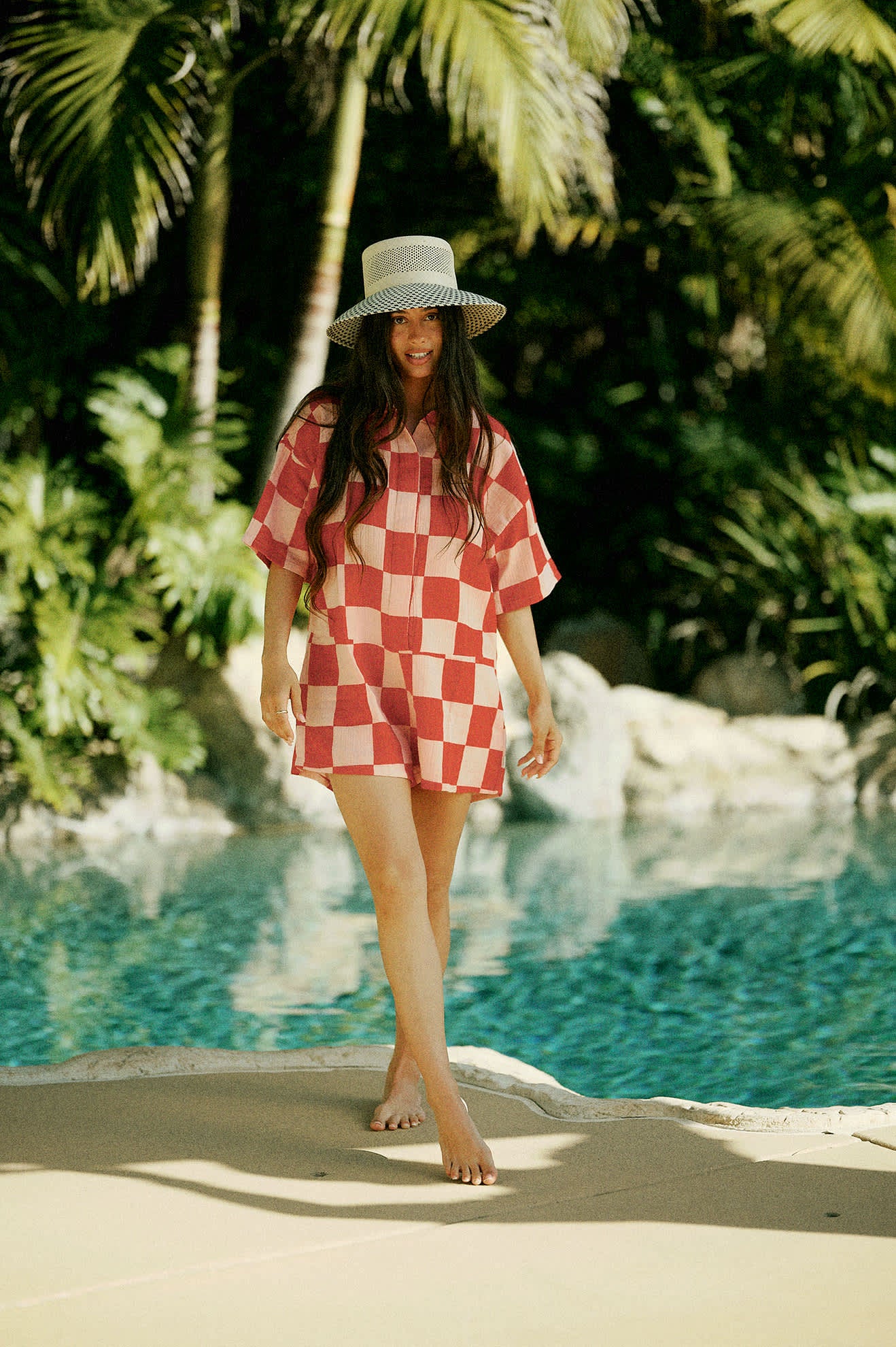 Women's The Getaway Romper in the color Silver Pink/Adrenaline Rush Checkerboard - Women's Lifestyle image