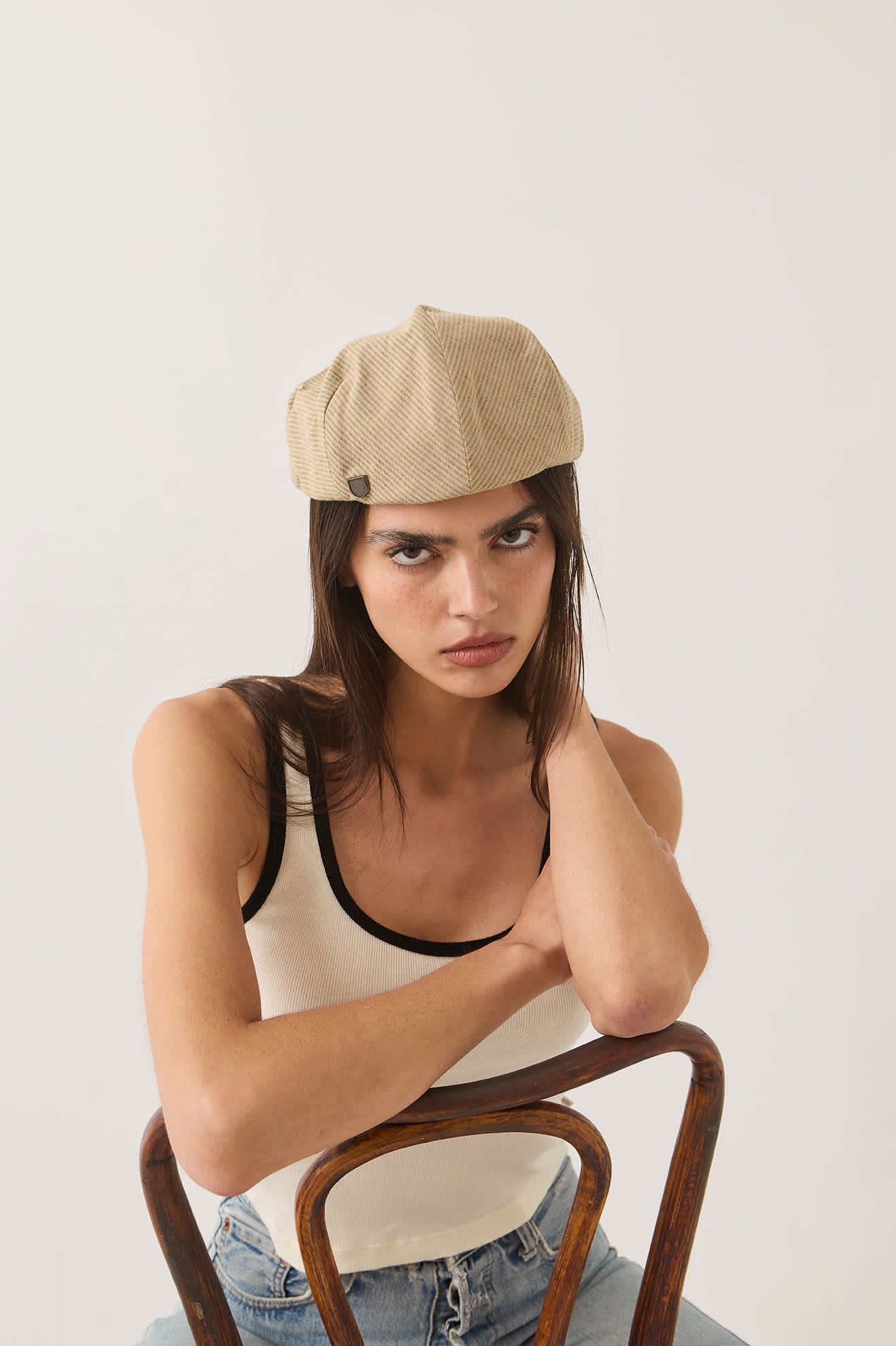 Unisex Hooligan Flat Cap in the color Khaki Stripe/Washed Black - Women's Front View