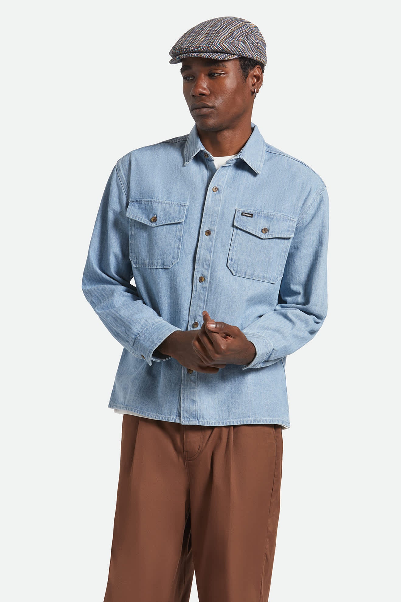 Men's Herringbone Relaxed L/S Overshirt in the color Light Wash Denim Herringbone - Men's Front View