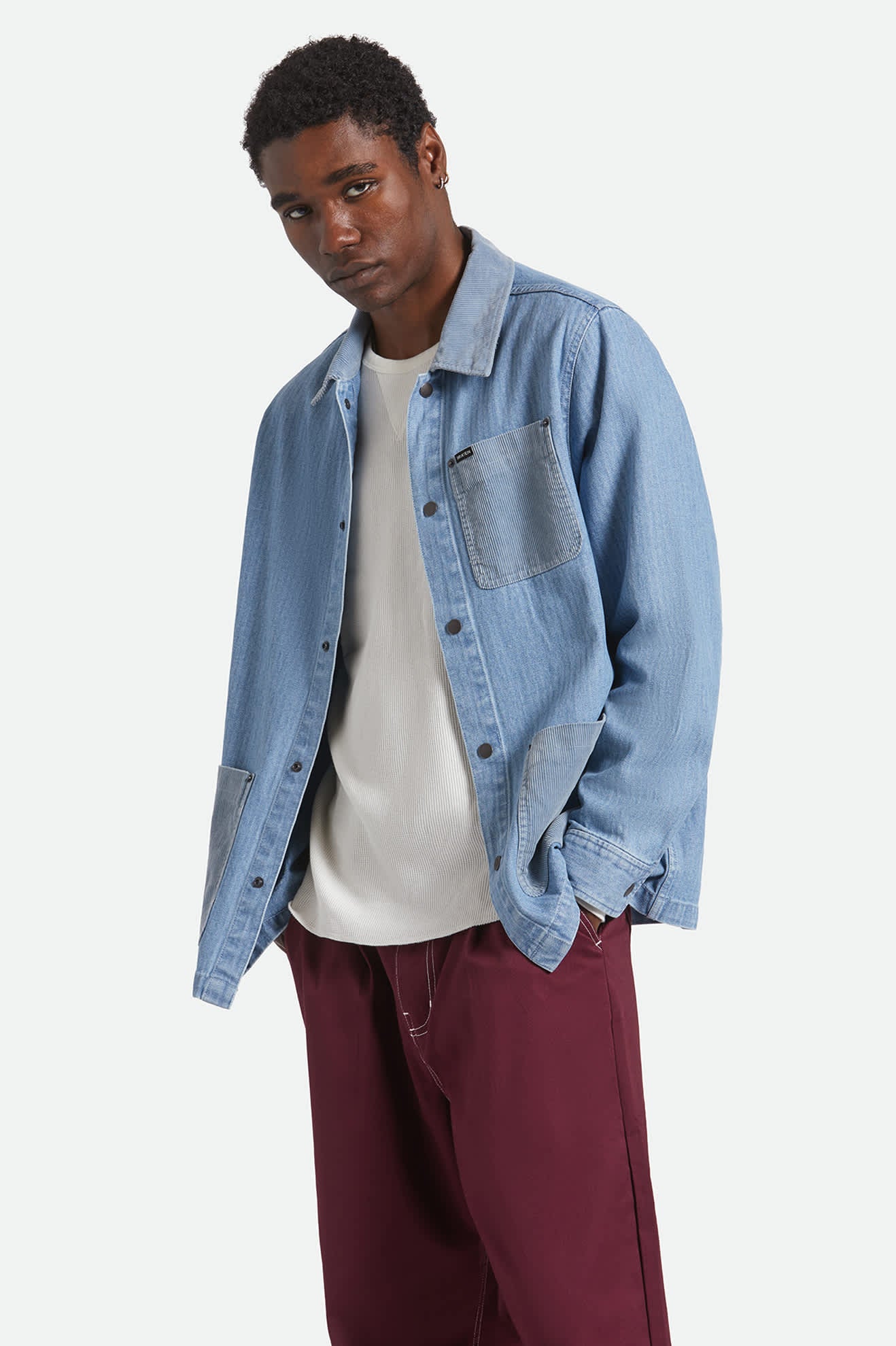 Men's Herringbone Lightweight Chore Coat in the color Light Wash Denim Herringbone - Additional Fit image
