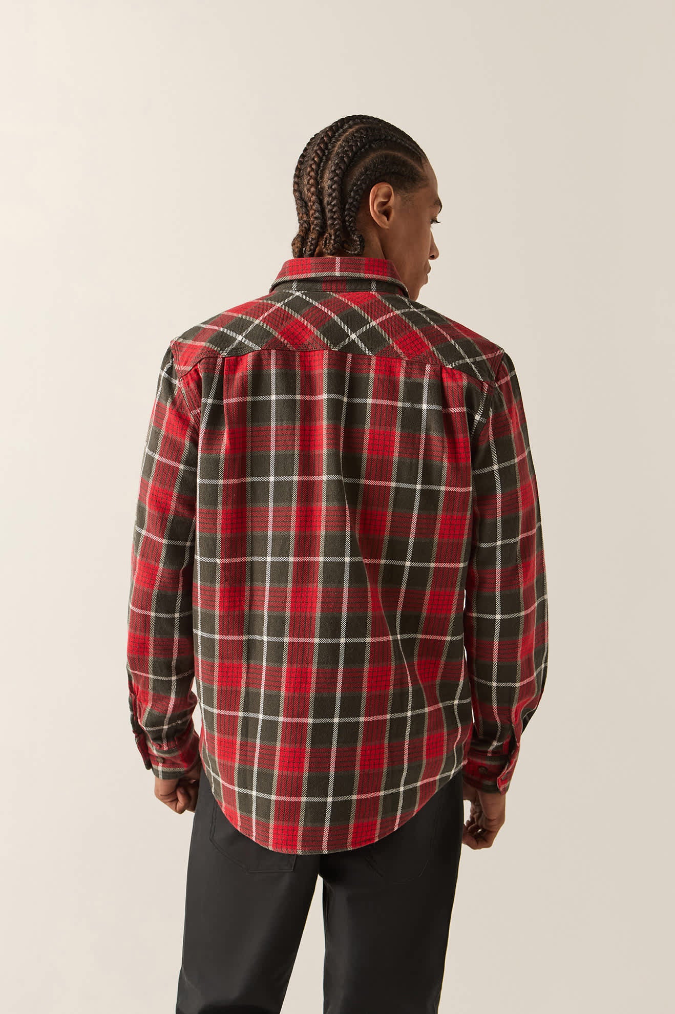 Men's Bowery Flannel in the color Washed Red/Black - Men's Back View