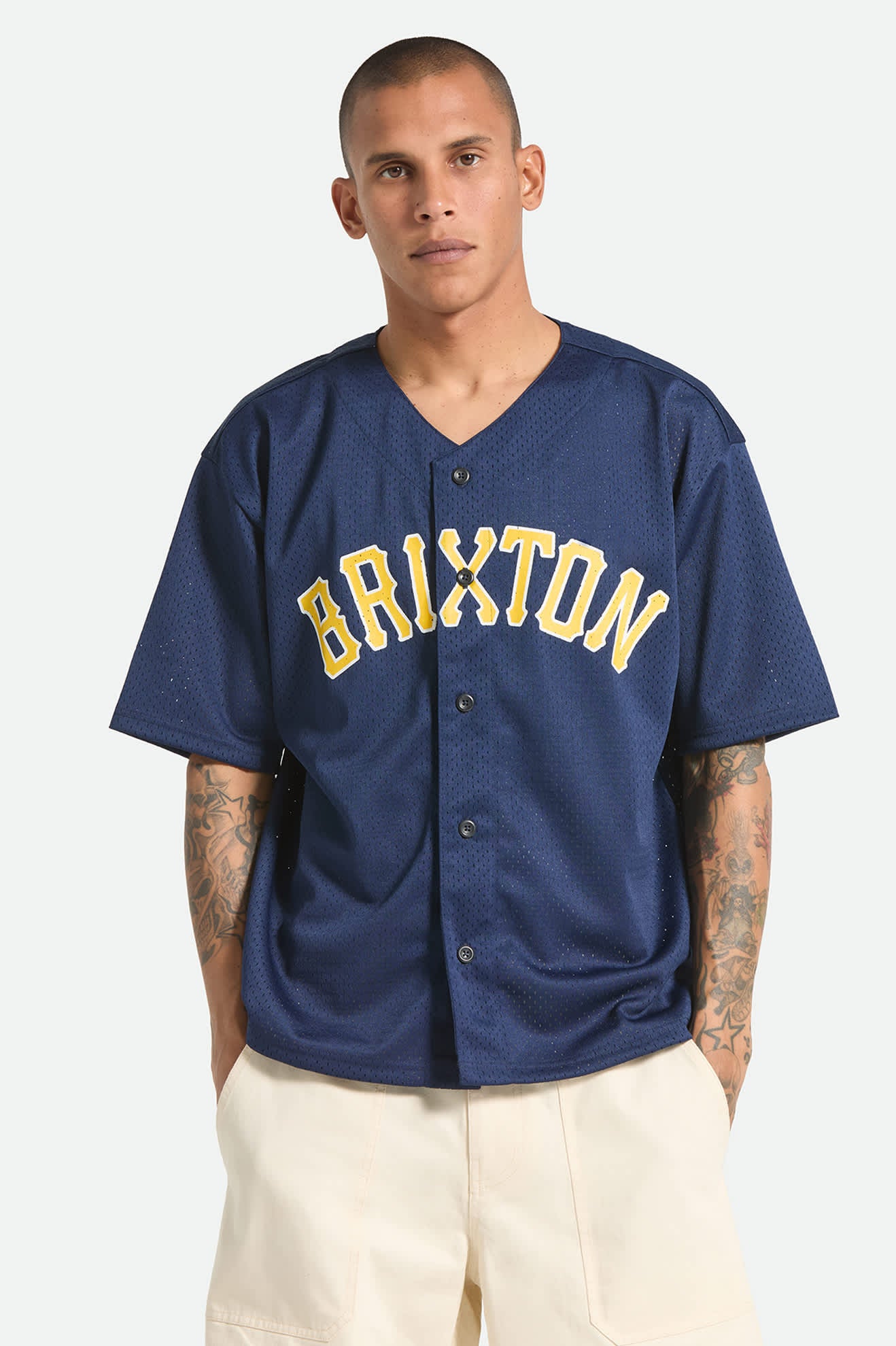 Men's The Brixton Mesh Short Sleeve Baseball Jersey in the color Washed Navy - Men's Front View