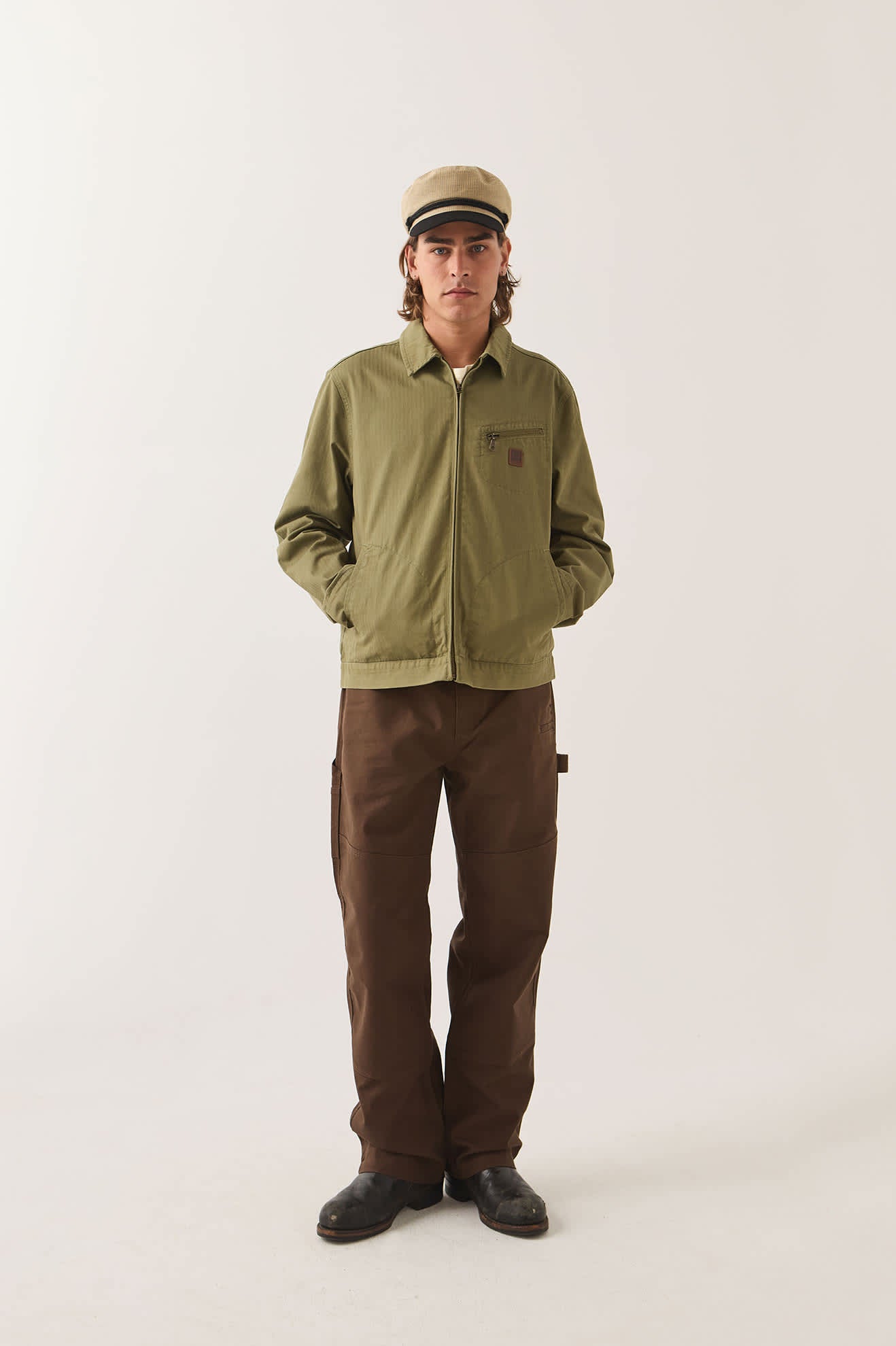 Men's Mechanic Garage Zip Jacket in the color Olive Surplus Herringbone - Men's Front View