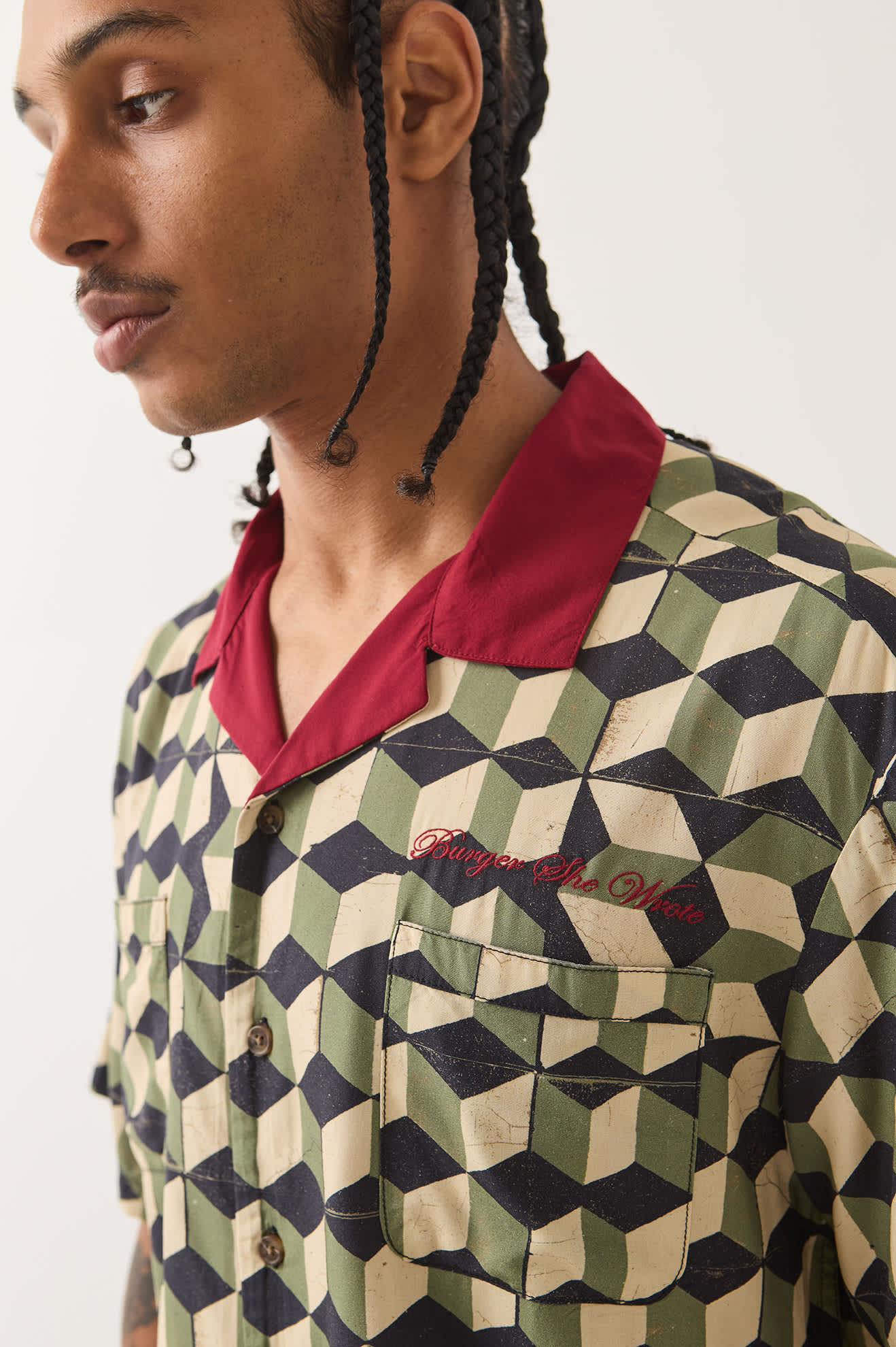 Men's Burger She Wrote Shirt in the color Black/Green Tile - Men's Side View