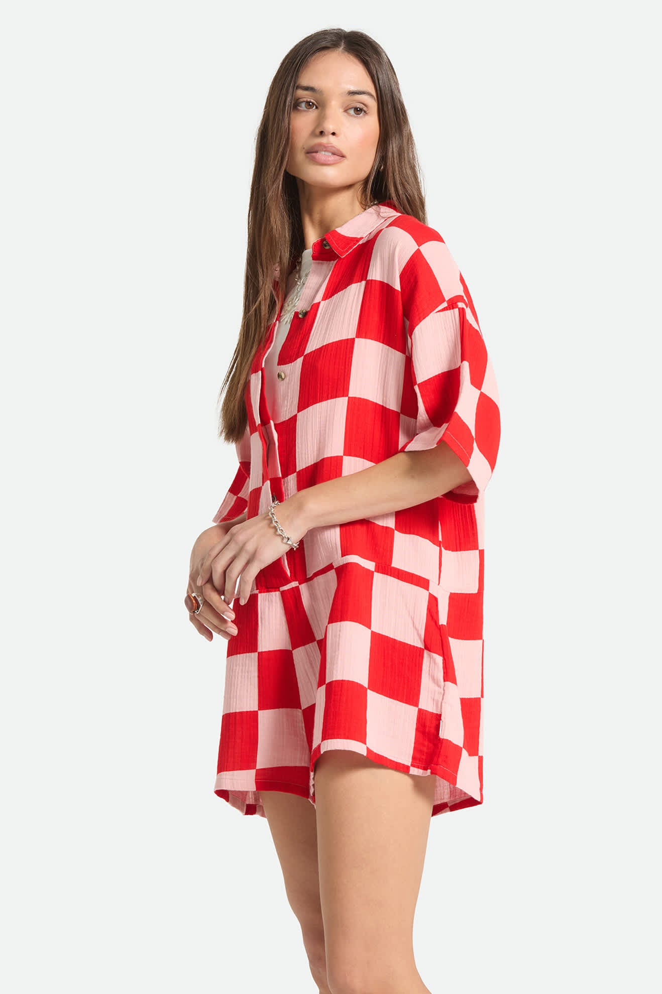 Women's The Getaway Romper in the color Silver Pink/Adrenaline Rush Checkerboard - Women's Side View