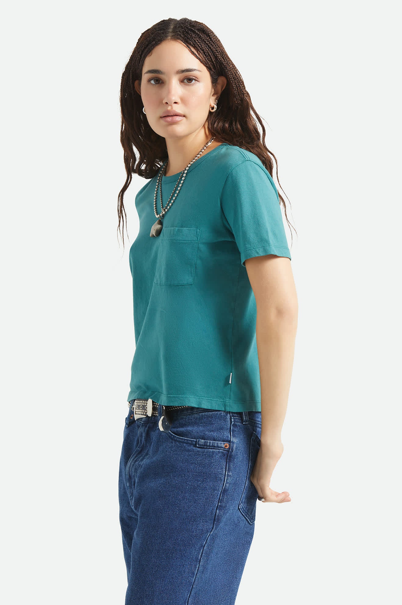 Women's Carefree Organic Garment Dye Perfect T-Shirt in the color Washed Mediterranean Teal - Women's Side View