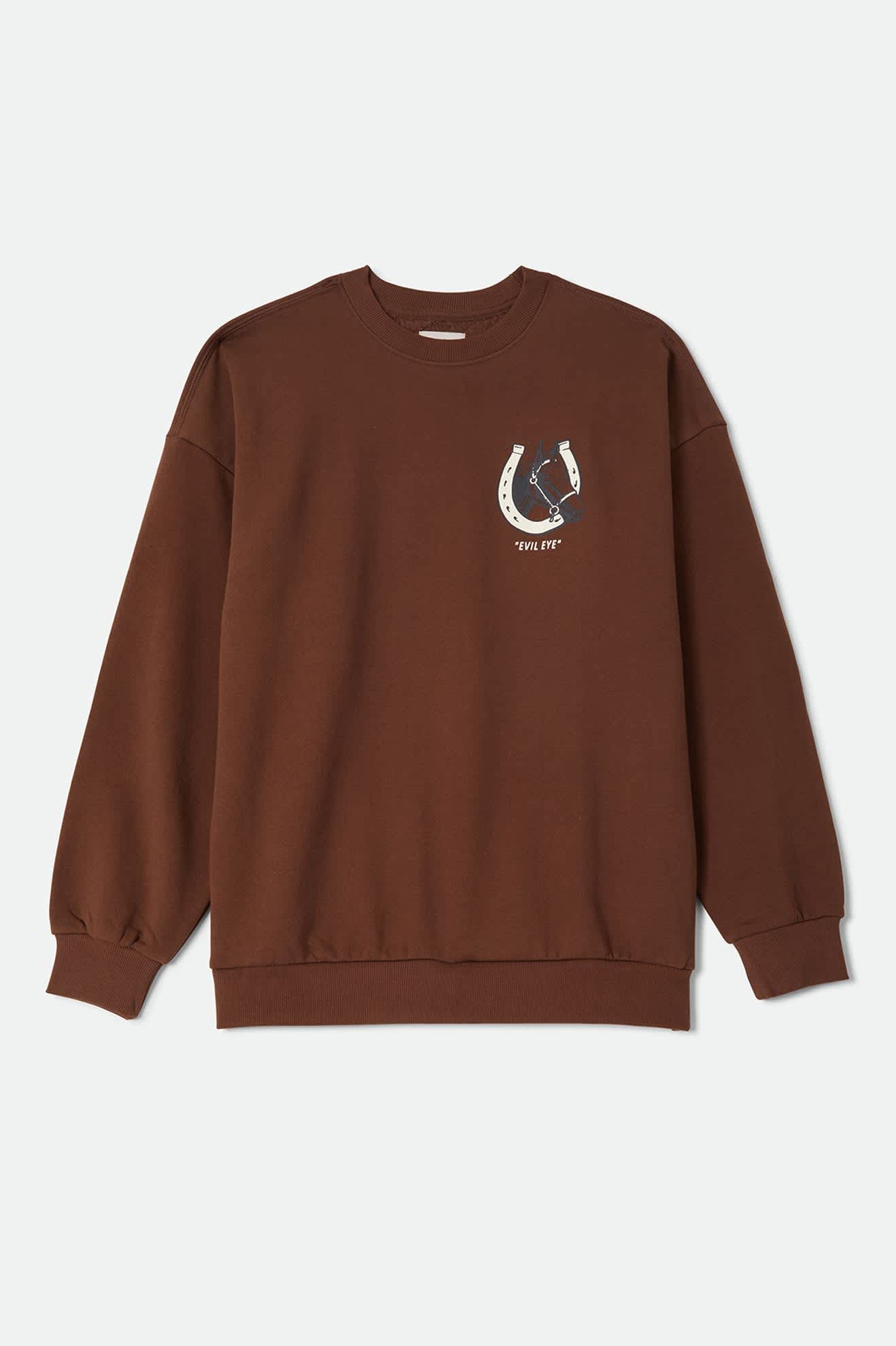 Women's Evil Eye Horseshoe Oversized Crew in the color Pinecone Brown - Front Product View