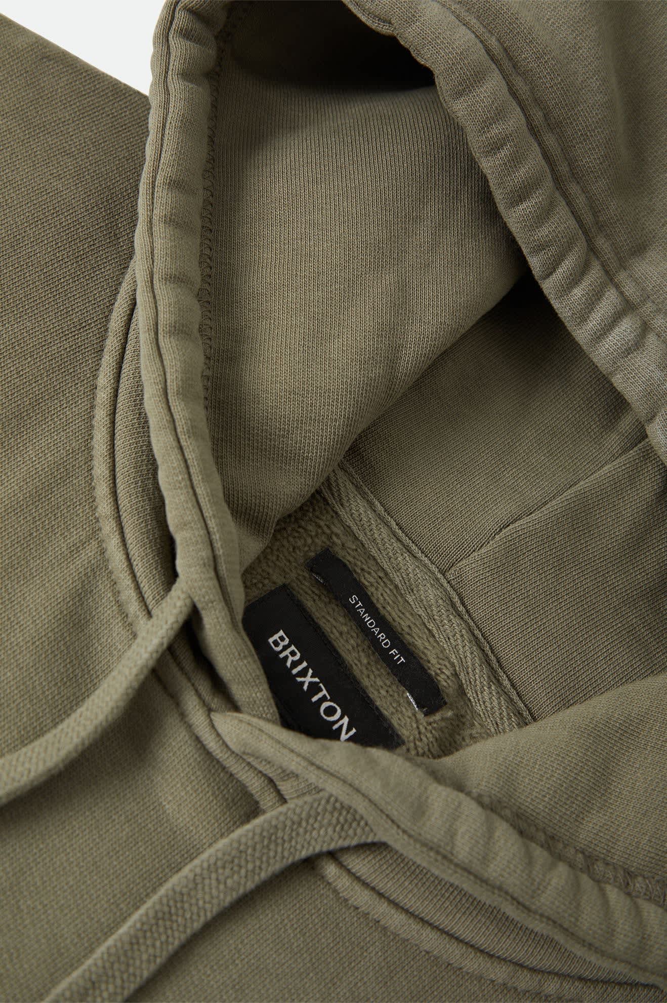 Men's Brixton Baseline Hood Fleece in the color Olive Surplus Vintage Wash - Additional Laydown image