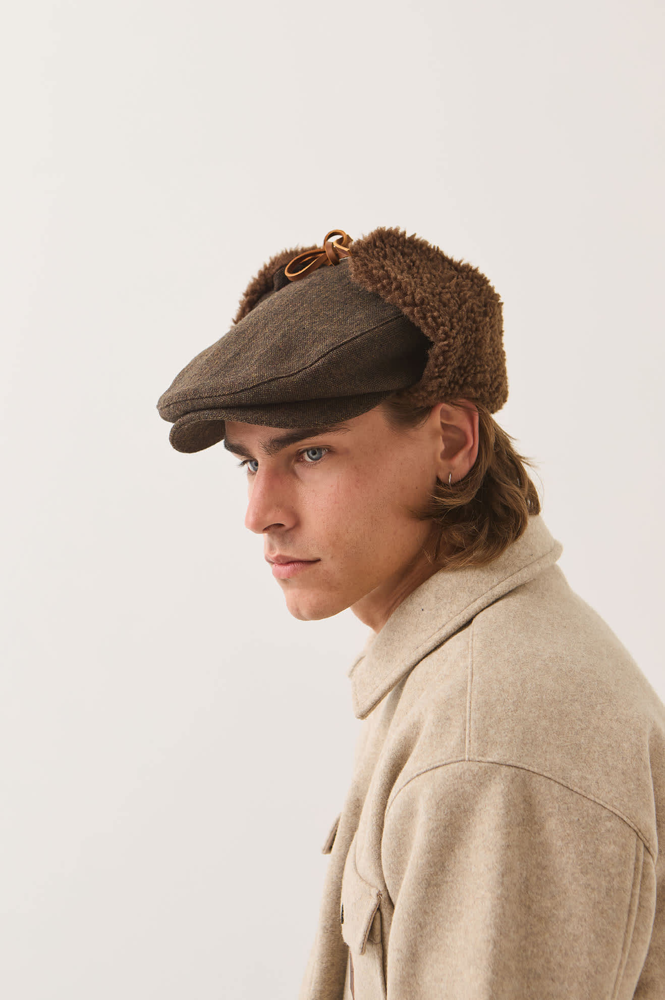 Unisex Barrel Earflap Snap Cap in the color Brown/Brown Tweed - Men's Side View