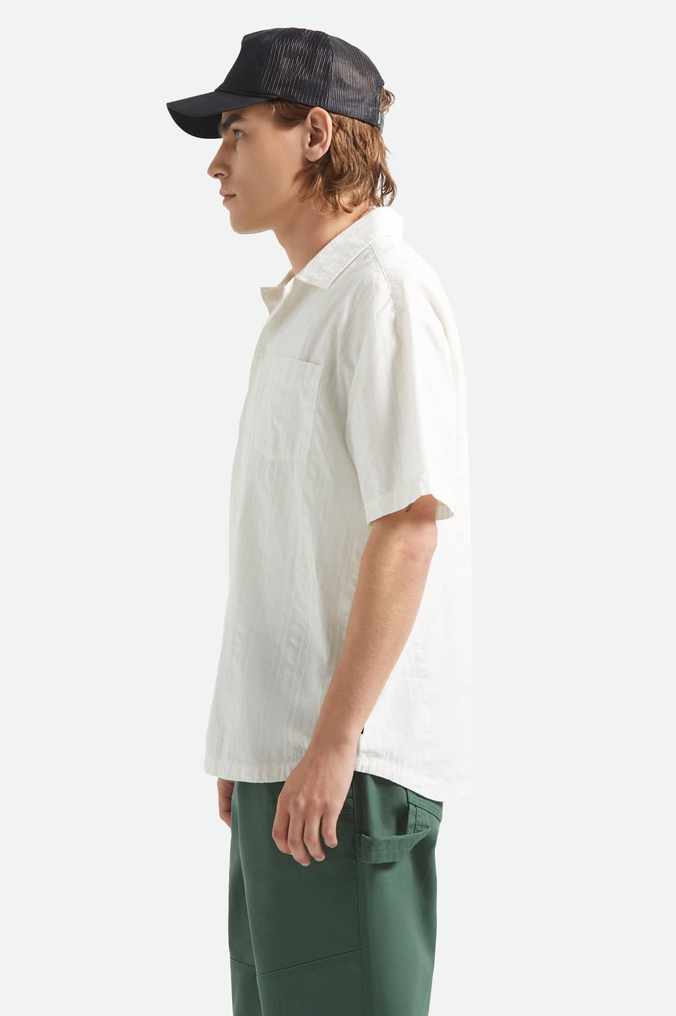 Men's Vintage Short Sleeve Shirt in the color Off White Jacquard Stripe - Men's Side View