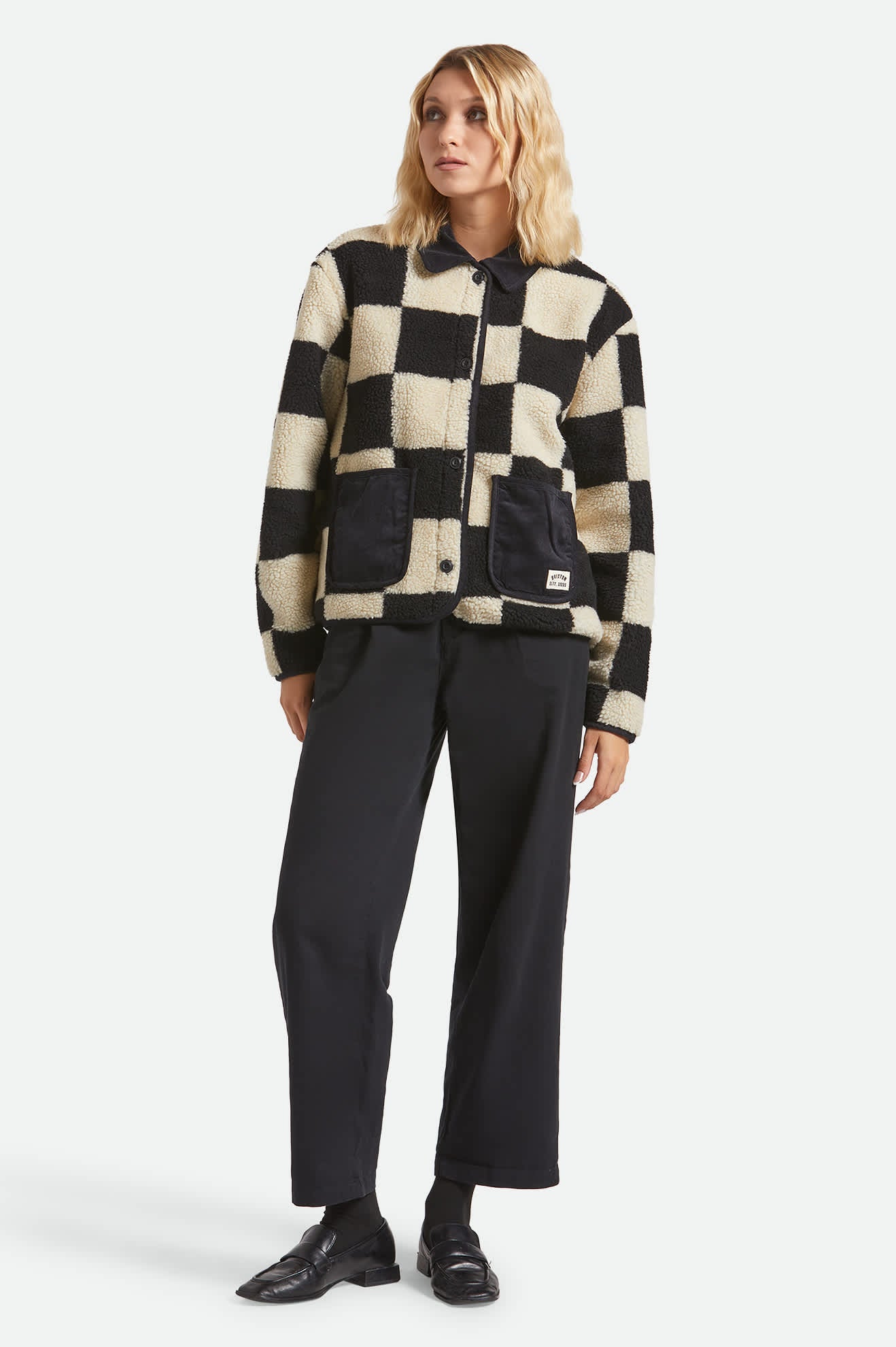 Women's Delilah Sherpa Jacket in the color Black/Natural Finish Line Checker - Additional Fit image