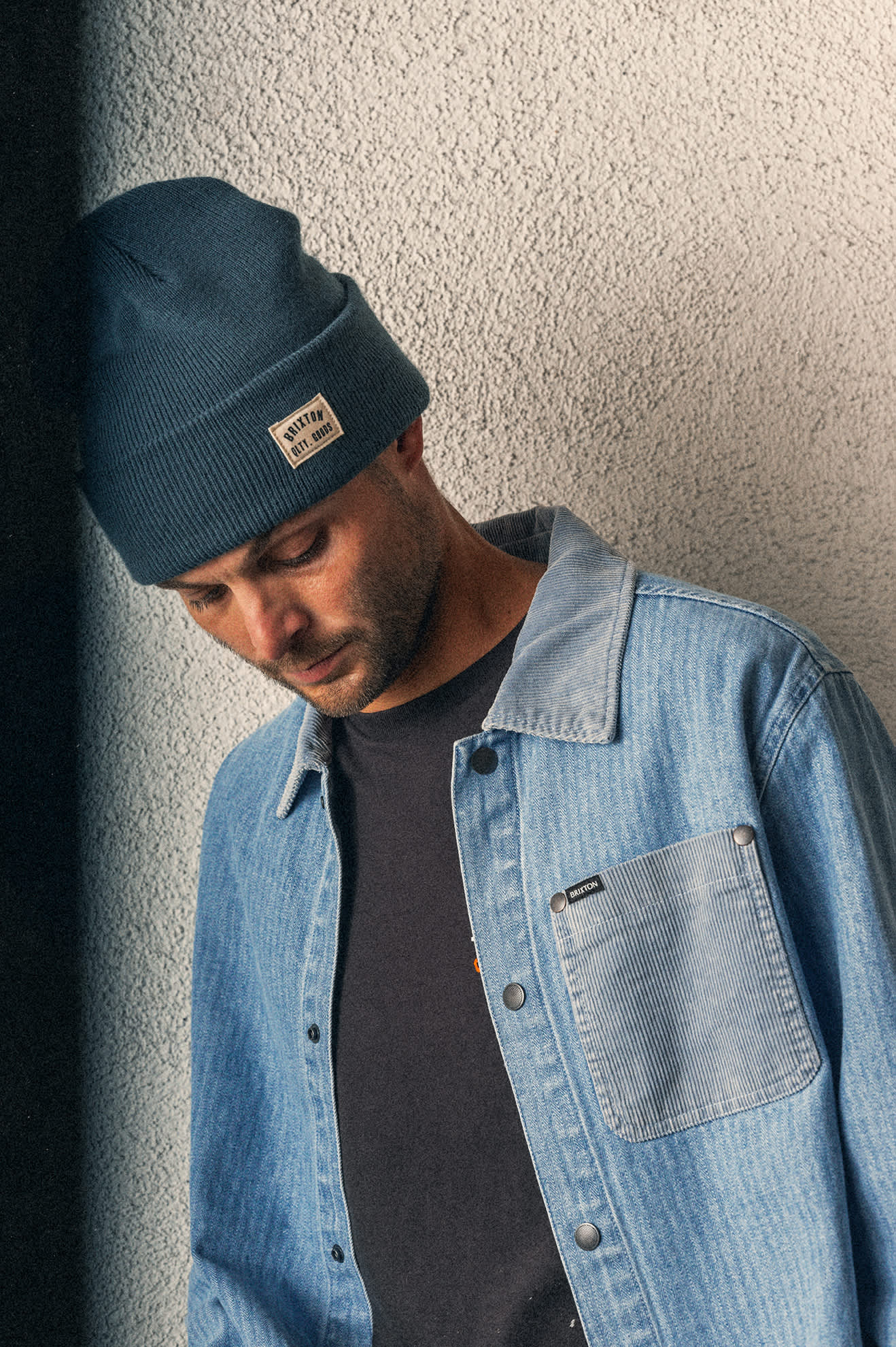 Men's Herringbone Lightweight Chore Coat in the color Light Wash Denim Herringbone - Men's Lifestyle image