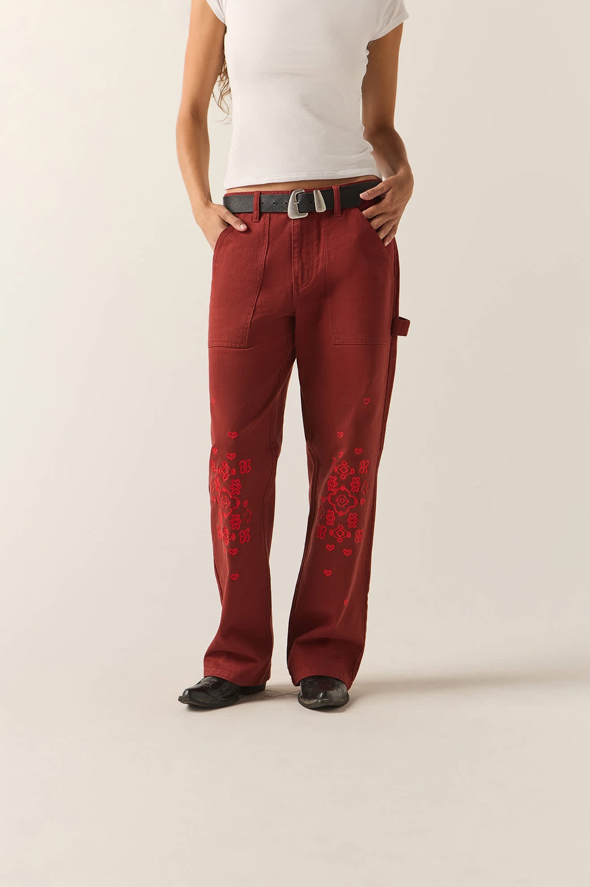Women's Essex Embroidered Painter Pant in the color Dark Brick - Women's Front View