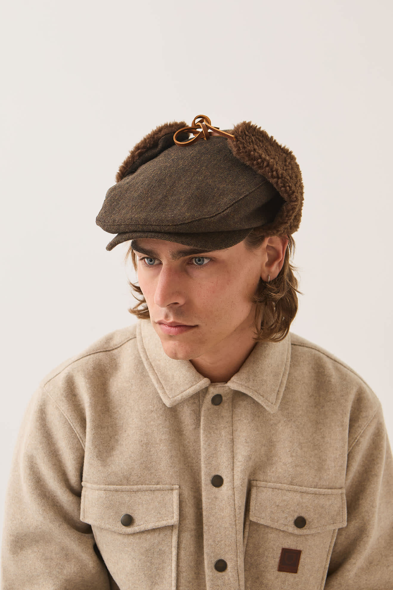 Unisex Barrel Earflap Snap Cap in the color Brown/Brown Tweed - Men's Front View