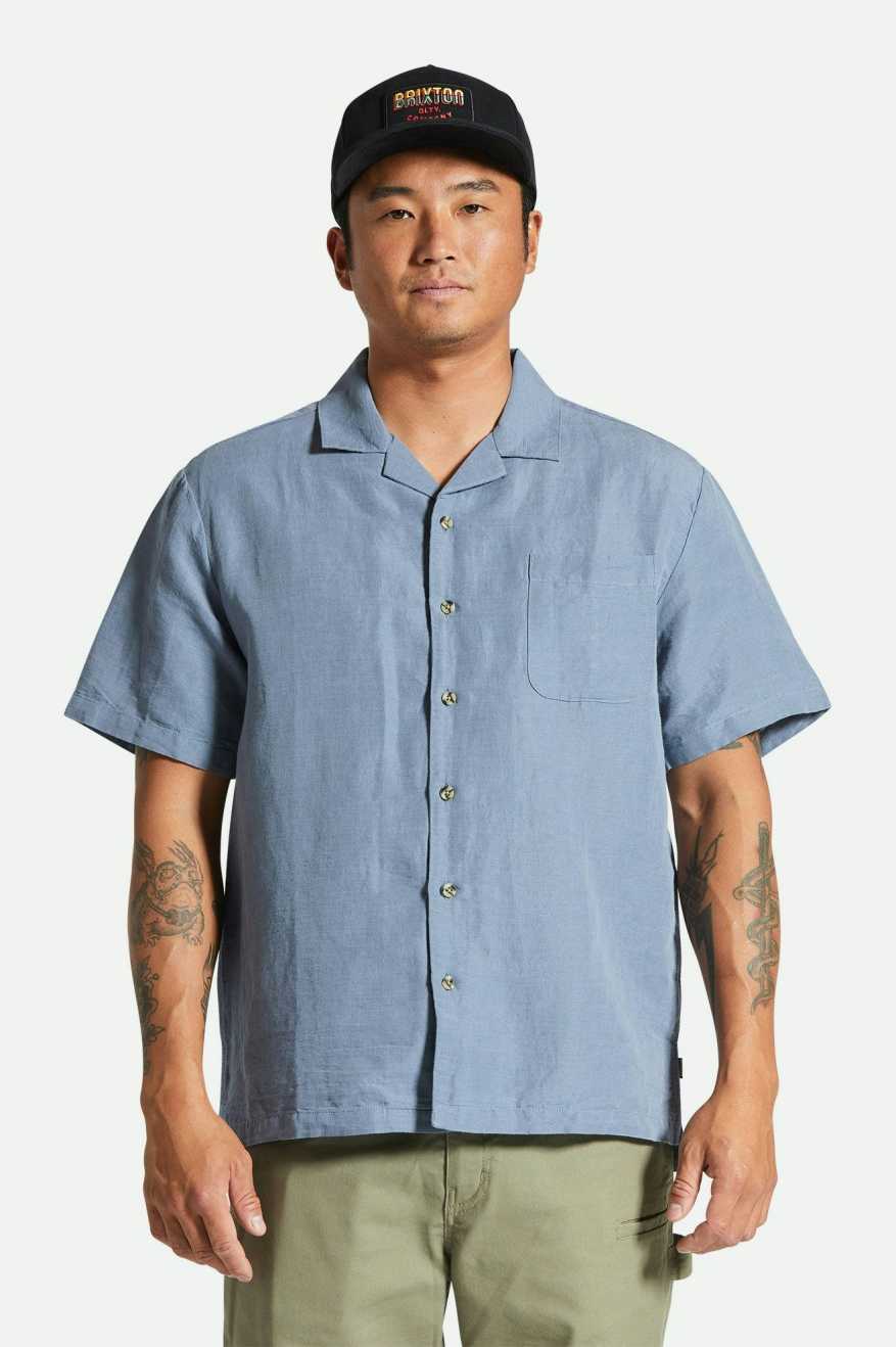 Bunker Linen S/S Camp Collar Woven Shirt - Flint Stone Blue