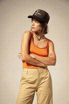 Women's Ringer Organic A-Tank in the color Tangerine/Burnt Brick - Additional Fit View