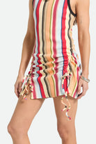 Women's Ribbed Cinch Mini Dress in the color Peach Cobbler Multi Stripe - Additional Fit image