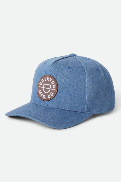 Unisex Crest Netplus Snapback in Medium Rinse Denim – Brixton