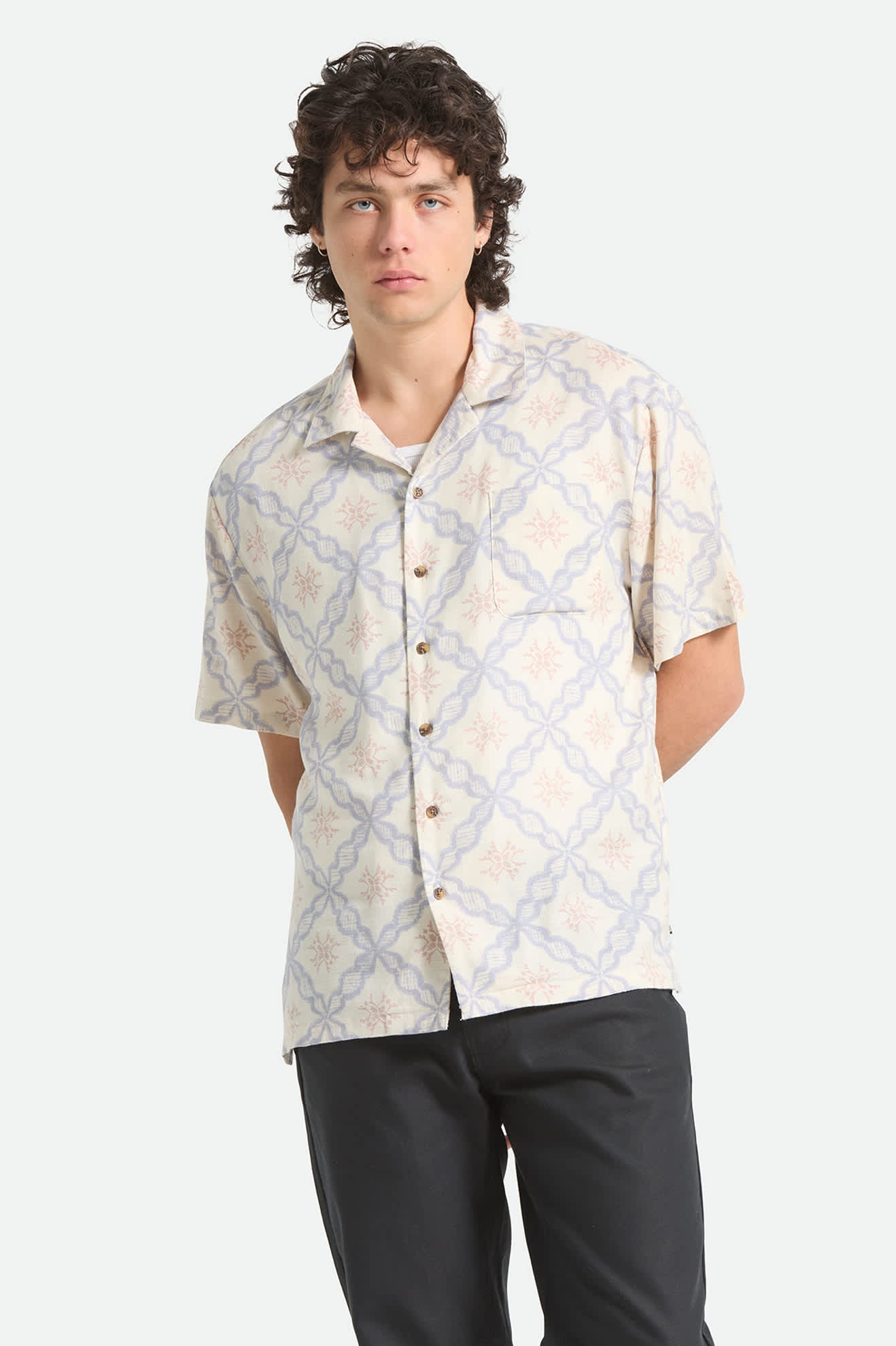 Men's Bunker Slub Short Sleeve Shirt in the color Off White/Blue Tile - Men's Front View
