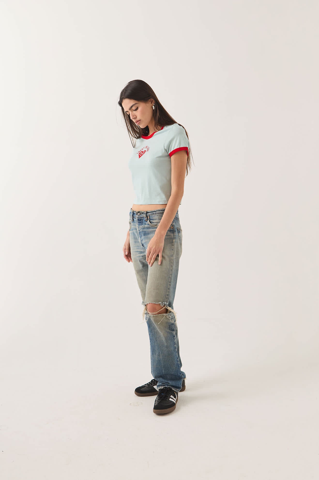 Women's Lucky In Love Baby T-Shirt in the color Sea Grass/Adrenaline Red - Women's Side View