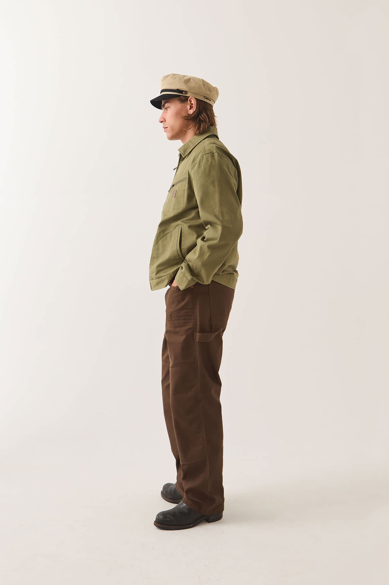 Men's Mechanic Garage Zip Jacket in the color Olive Surplus Herringbone - Men's Side View