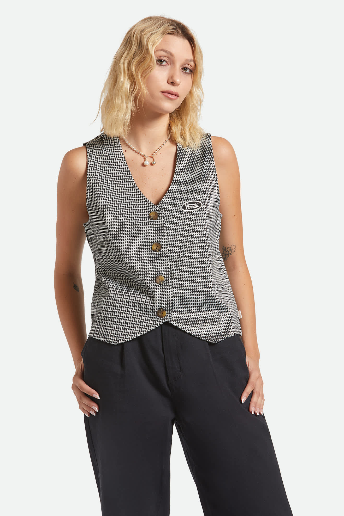 Women's Houndstooth Leisure Vest in the color Winter White/Black - Women's Front View
