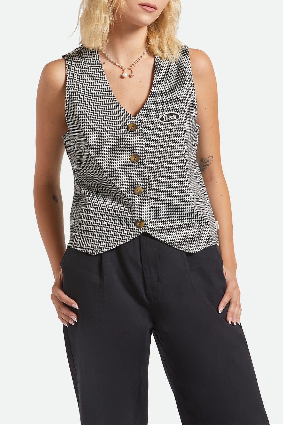 Women's Houndstooth Leisure Vest in the color Winter White/Black - Women's Front View