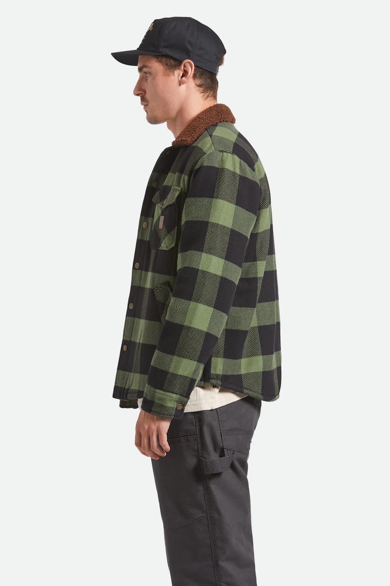 Men's Durham Sherpa Lined Jacket in the color Black/Wild Green Flannel - Men's Side View
