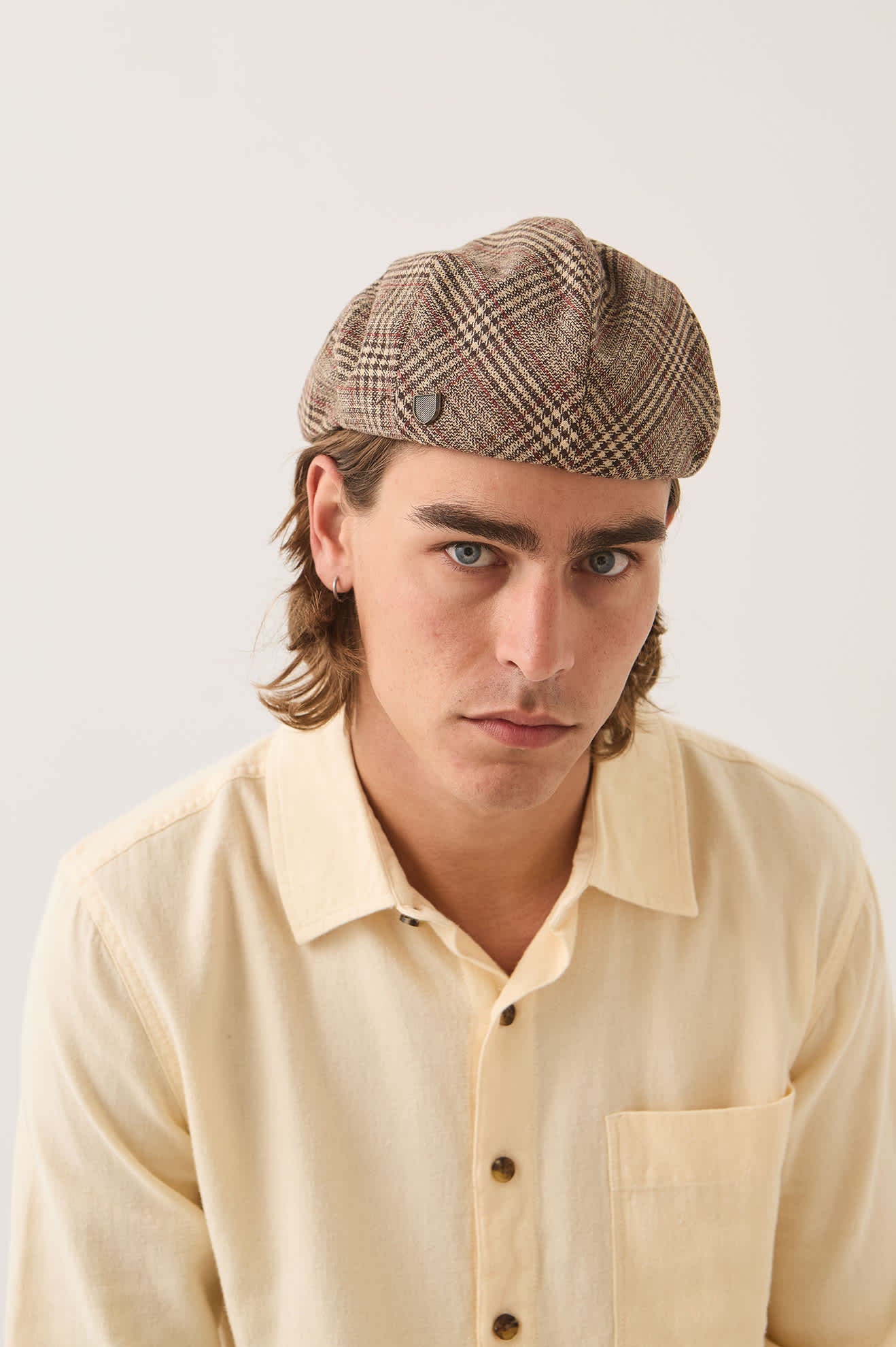 Unisex Hooligan Flat Cap in the color Brown/Tan/Red Plaid - Men's Front View