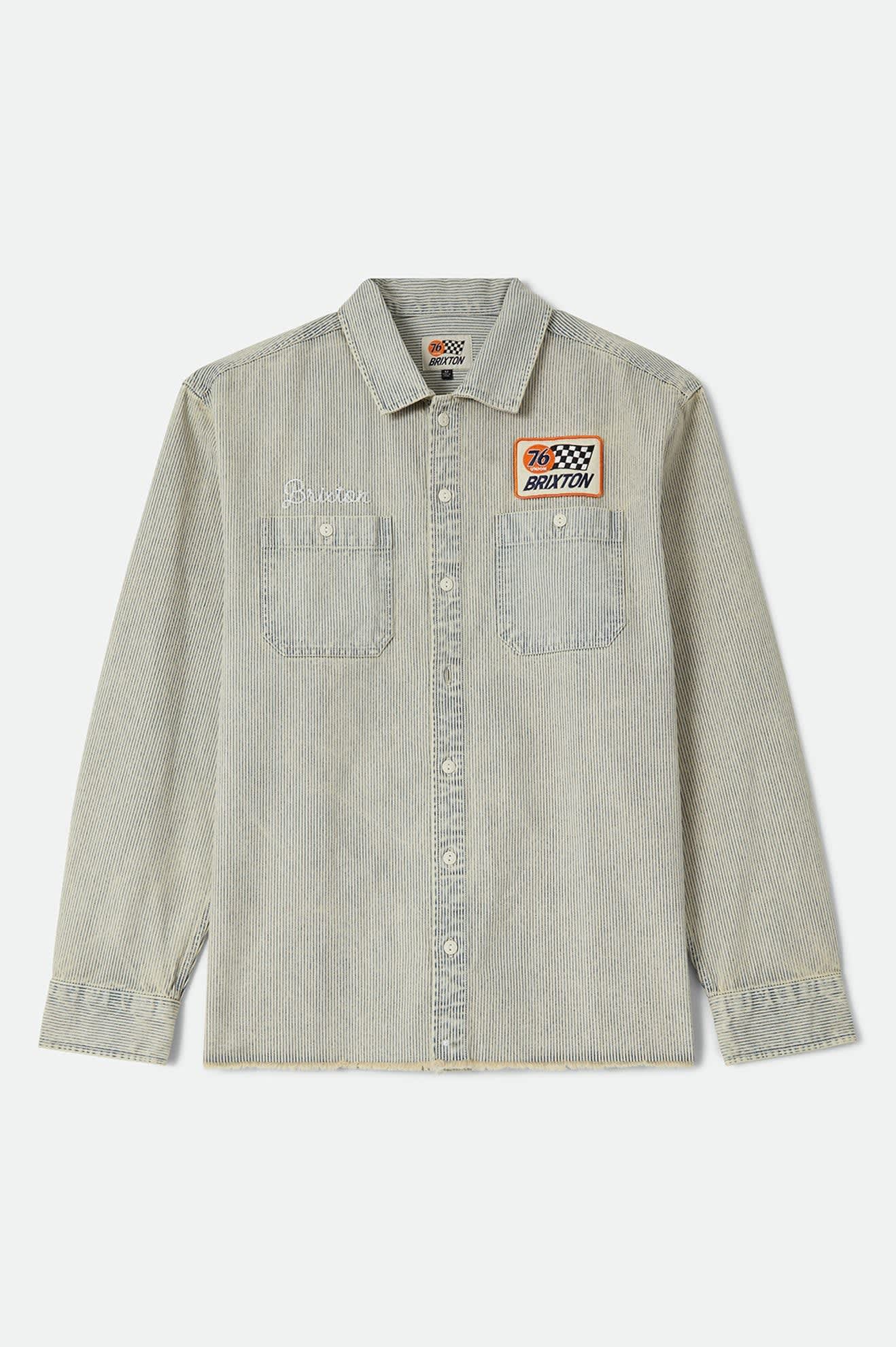 Men's 76 Mechanics Shirt in the color Navy/Off White Hickory Stripe - Front Product View