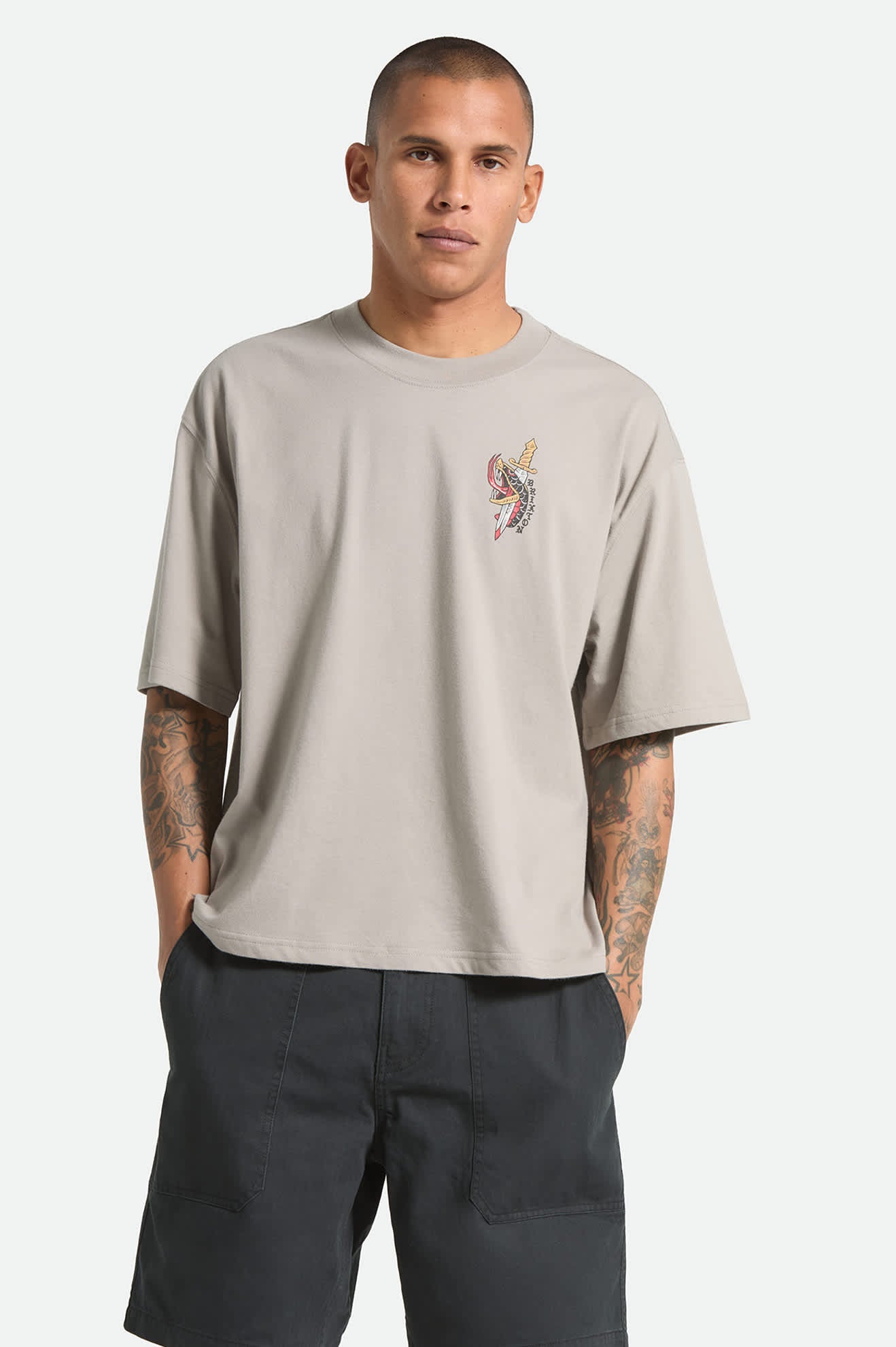 Men's Sword Short Sleeve Boxed Crop T-Shirt in the color Pebble Stone - Men's Front View