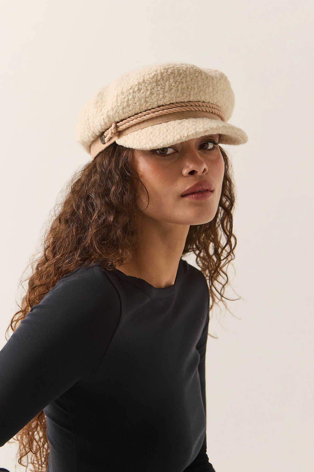 Unisex Fiddler Fisherman Cap in the color Natural Sherpa/Faux Suede - Women's Front View