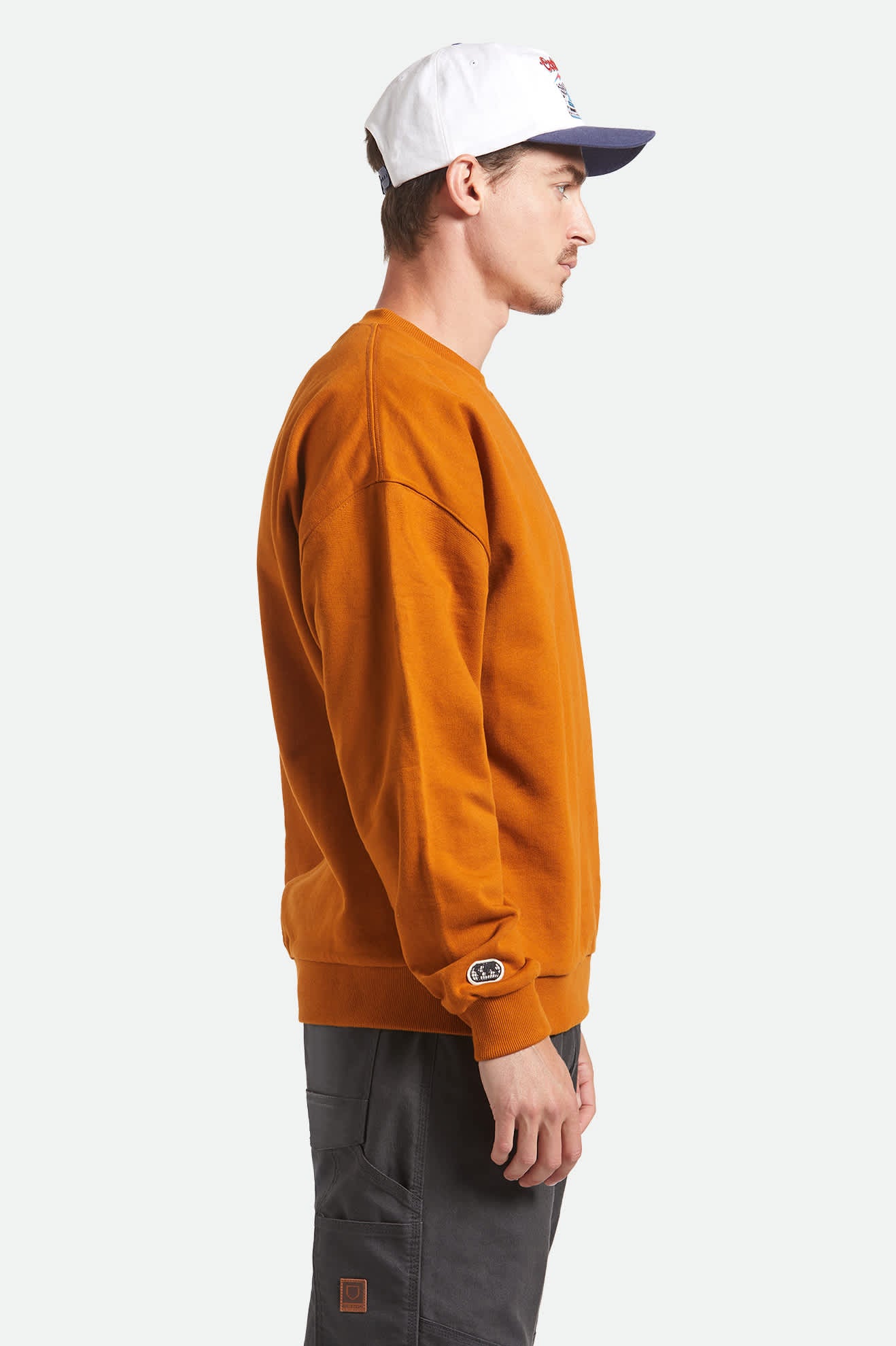 Men's Embroidered Heavyweight Crew in the color Rustic Caramel - Men's Side View