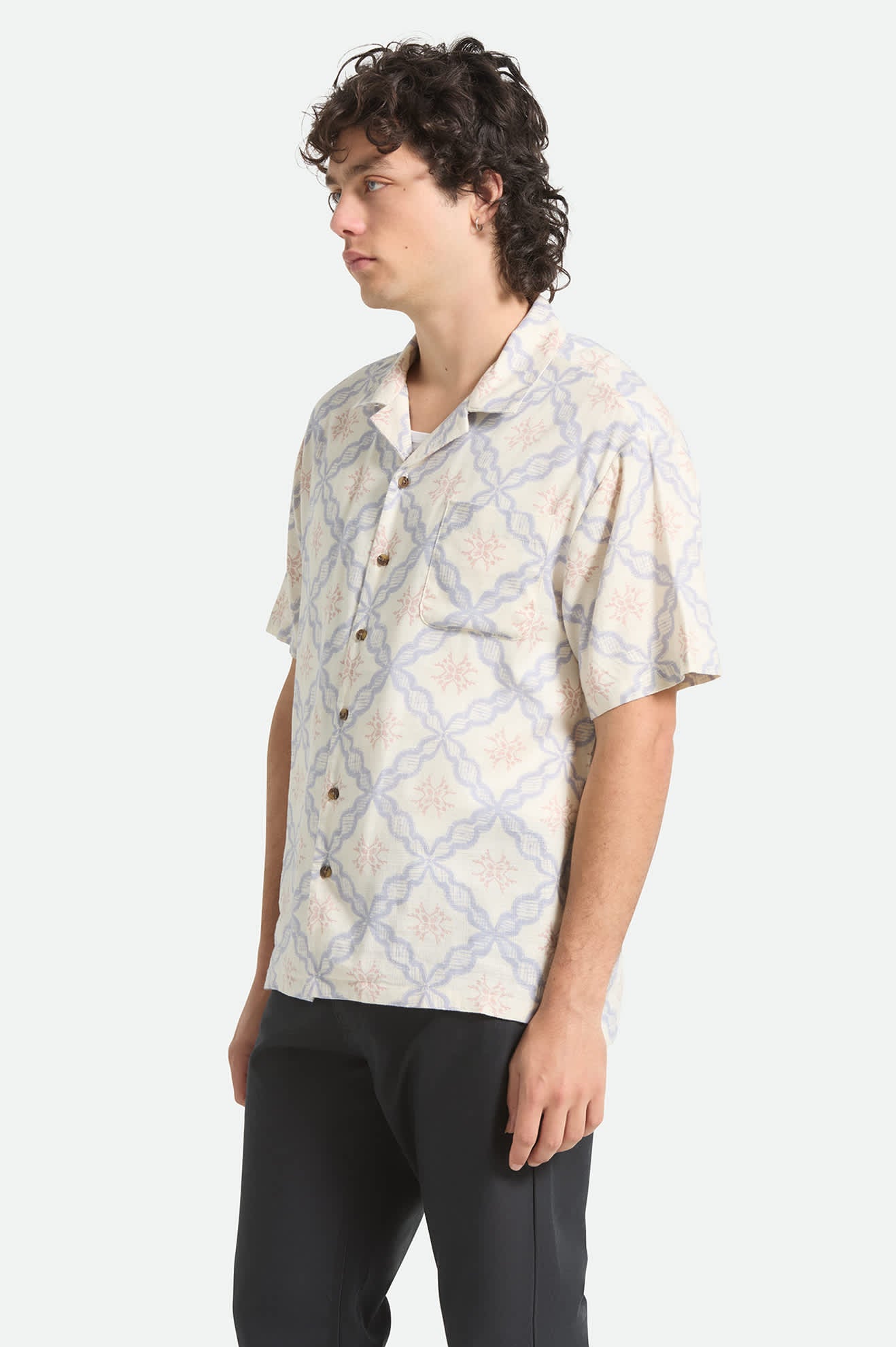 Men's Bunker Slub Short Sleeve Shirt in the color Off White/Blue Tile - Men's Side View