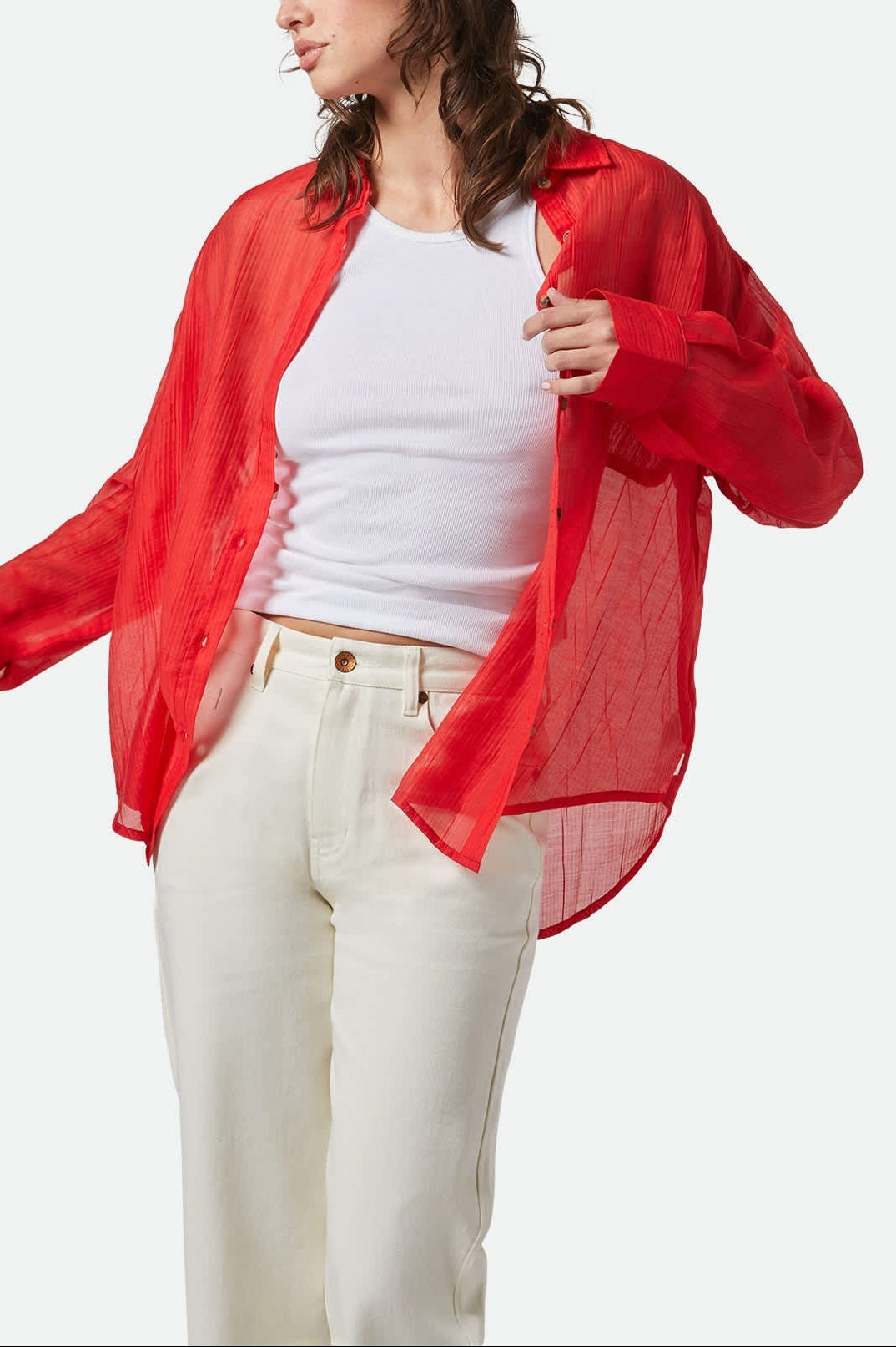 Women's East Side Boxy L/S Button Down in the color Crimson - Women's Front View