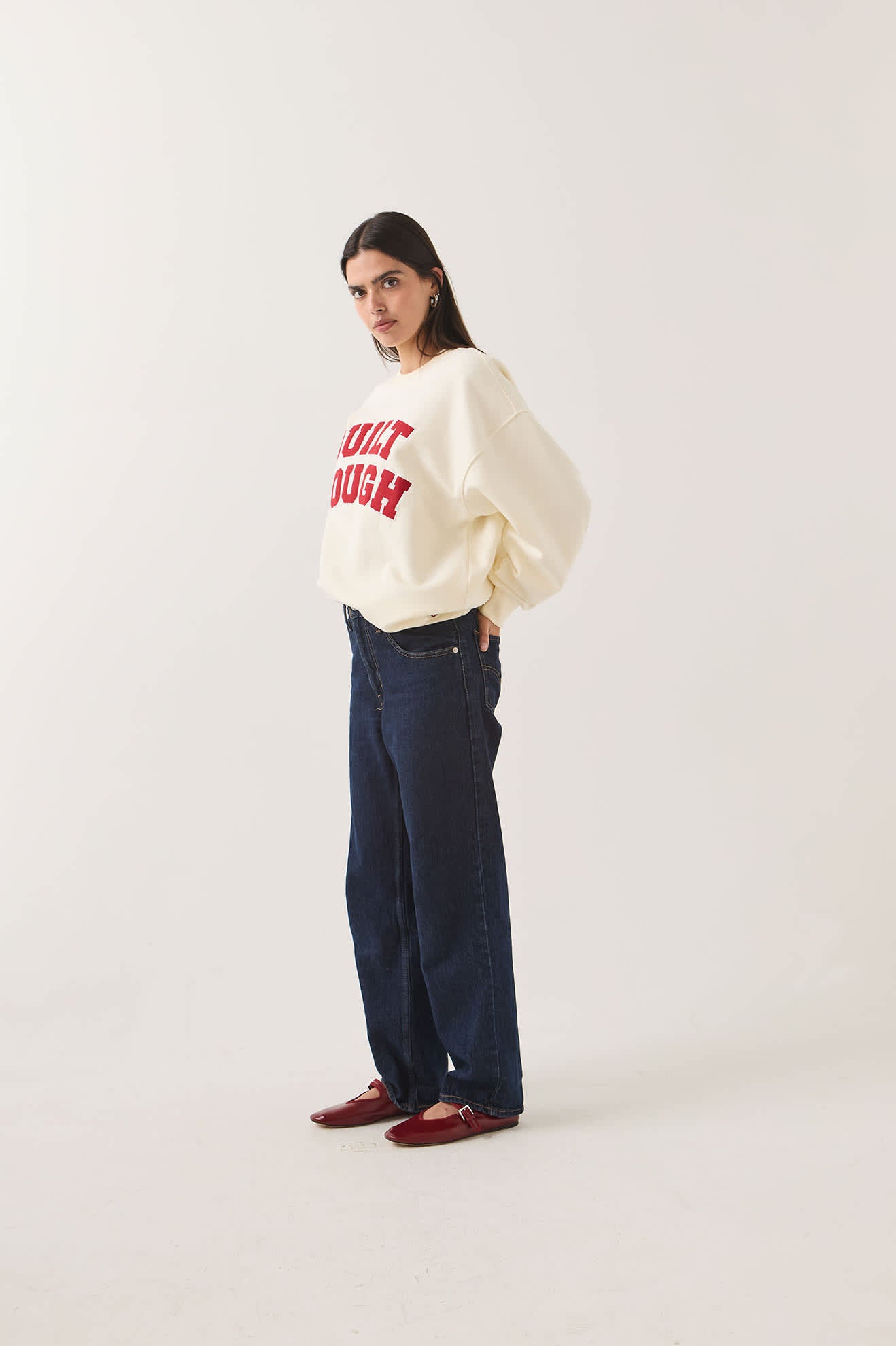 Women's Ford Built Tough Crew Fleece in the color Wimbledon White - Women's Side View